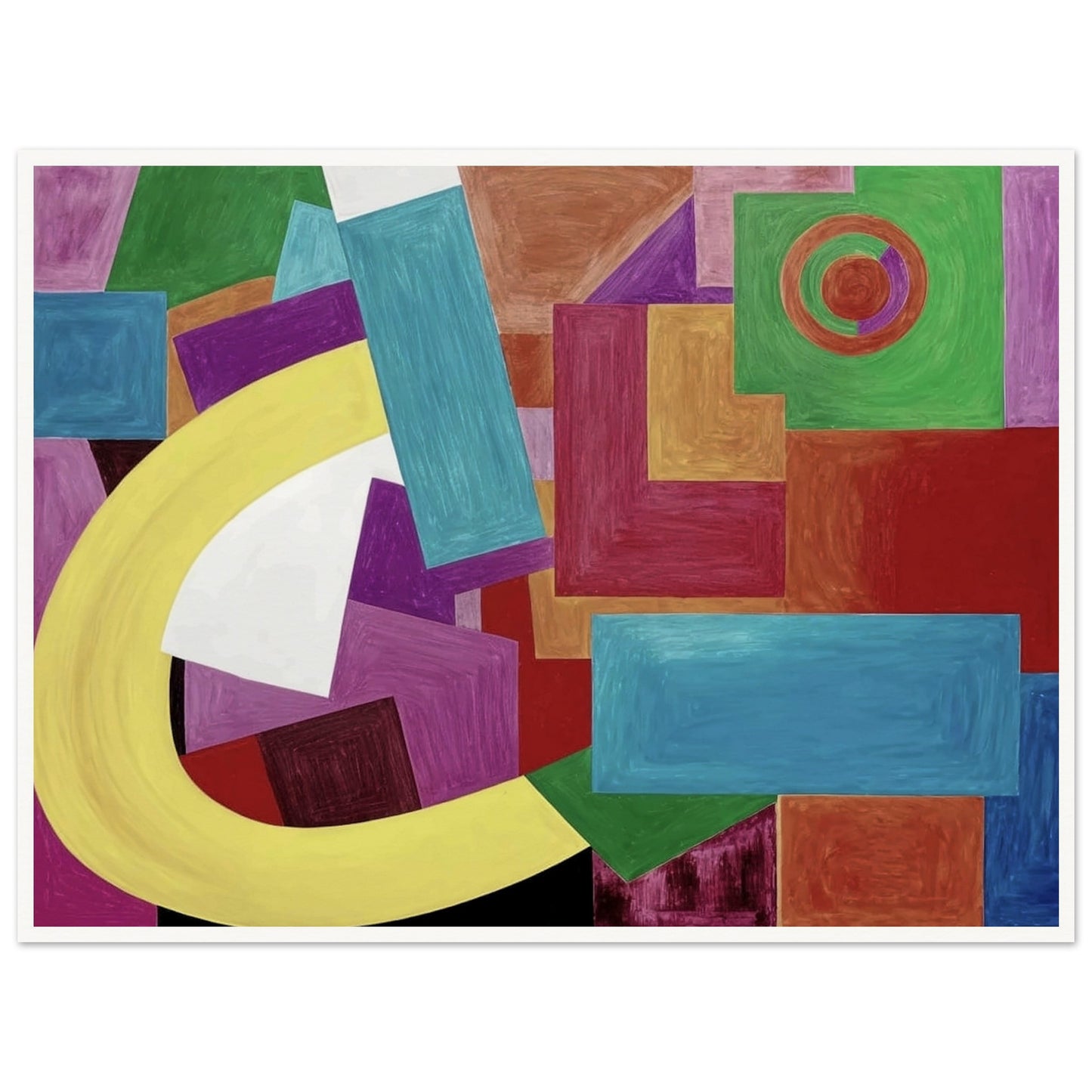 Dynamic composition of colorful geometric shapes, featuring rectangles, squares, and arcs in bold hues of yellow, blue, green, and red.