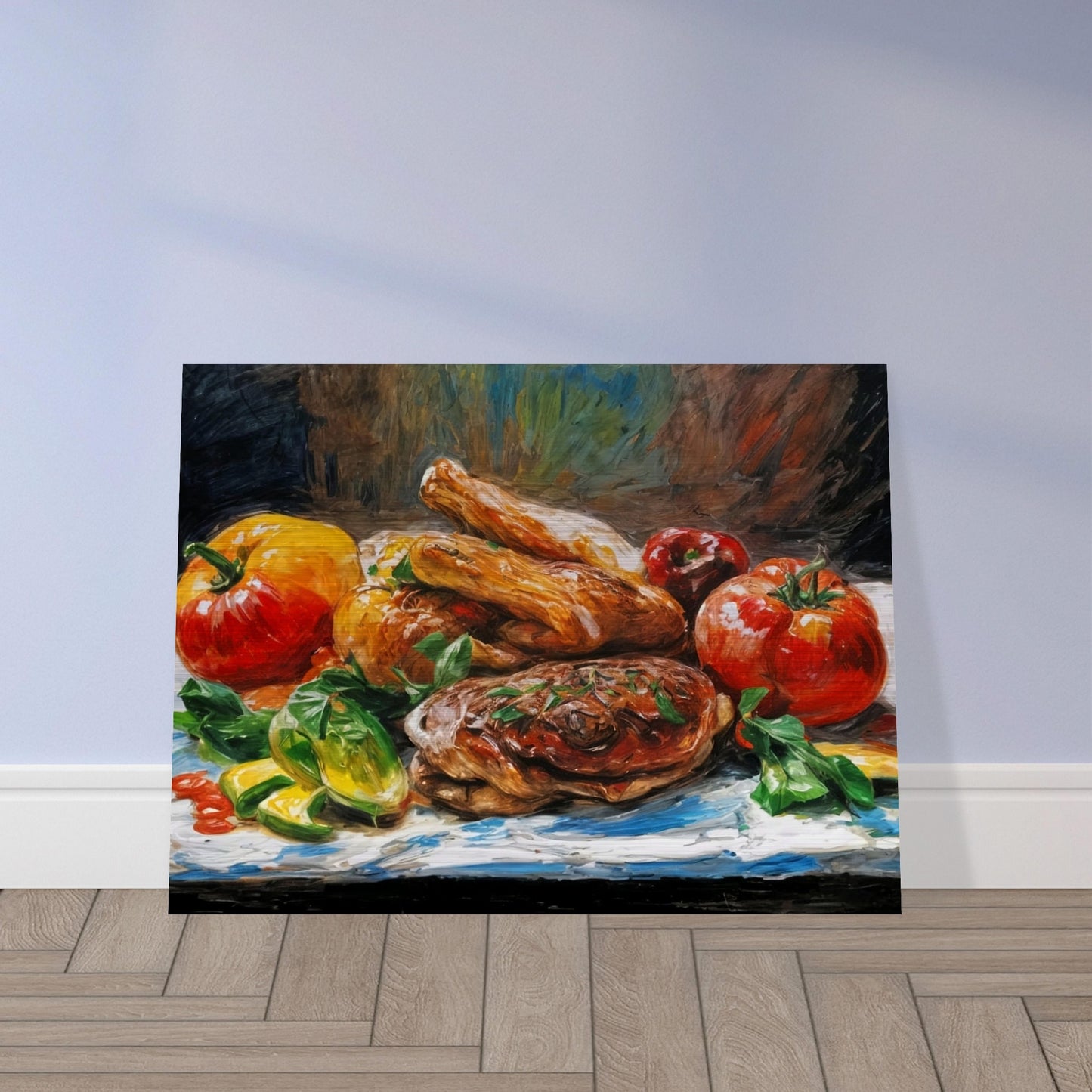 A colorful arrangement of roasted meats and fresh vegetables, including bright tomatoes and peppers, displayed on a rustic background.
