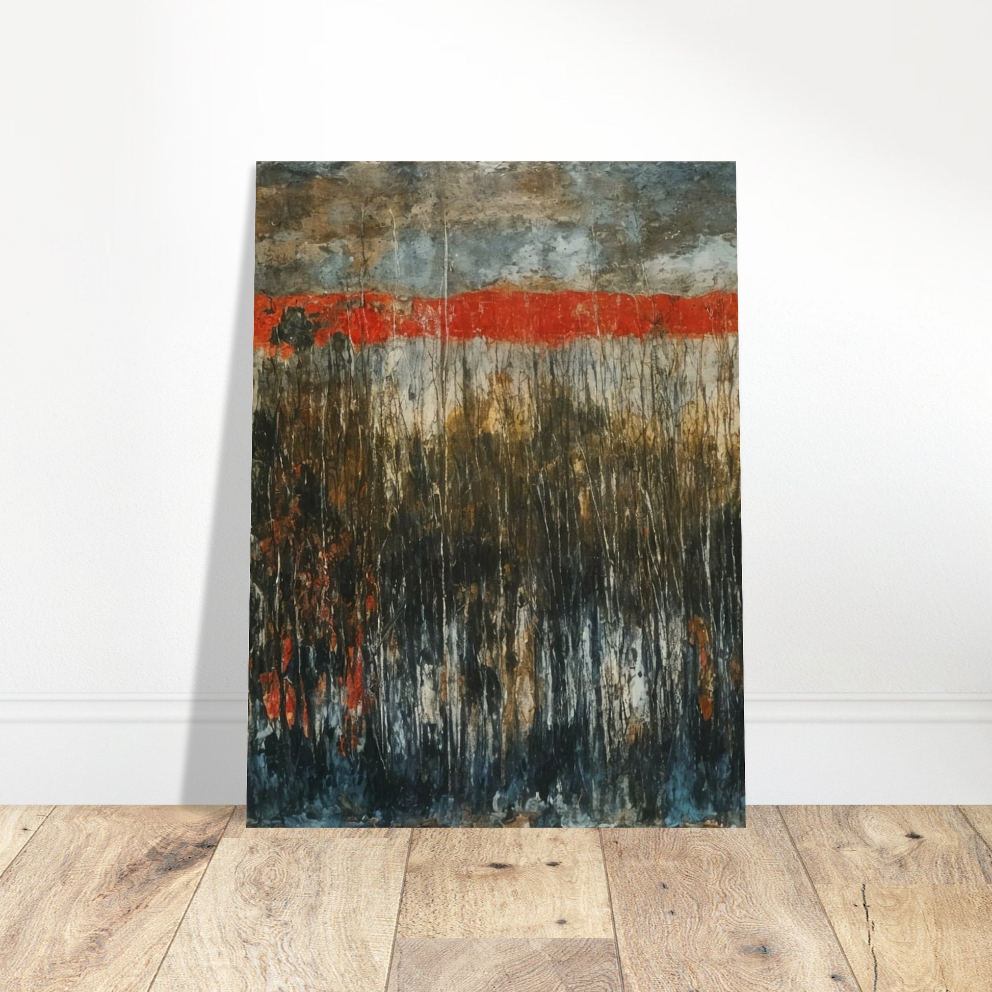 A captivating landscape with a vivid red horizon, contrasted by dark, misty foliage in the foreground, evoking a sense of mystery and drama.