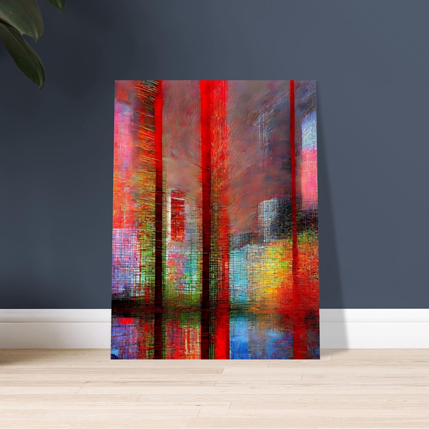 A vibrant abstract cityscape featuring tall red structures, colorful reflections, and a textured urban atmosphere in shades of red, blue, and yellow.