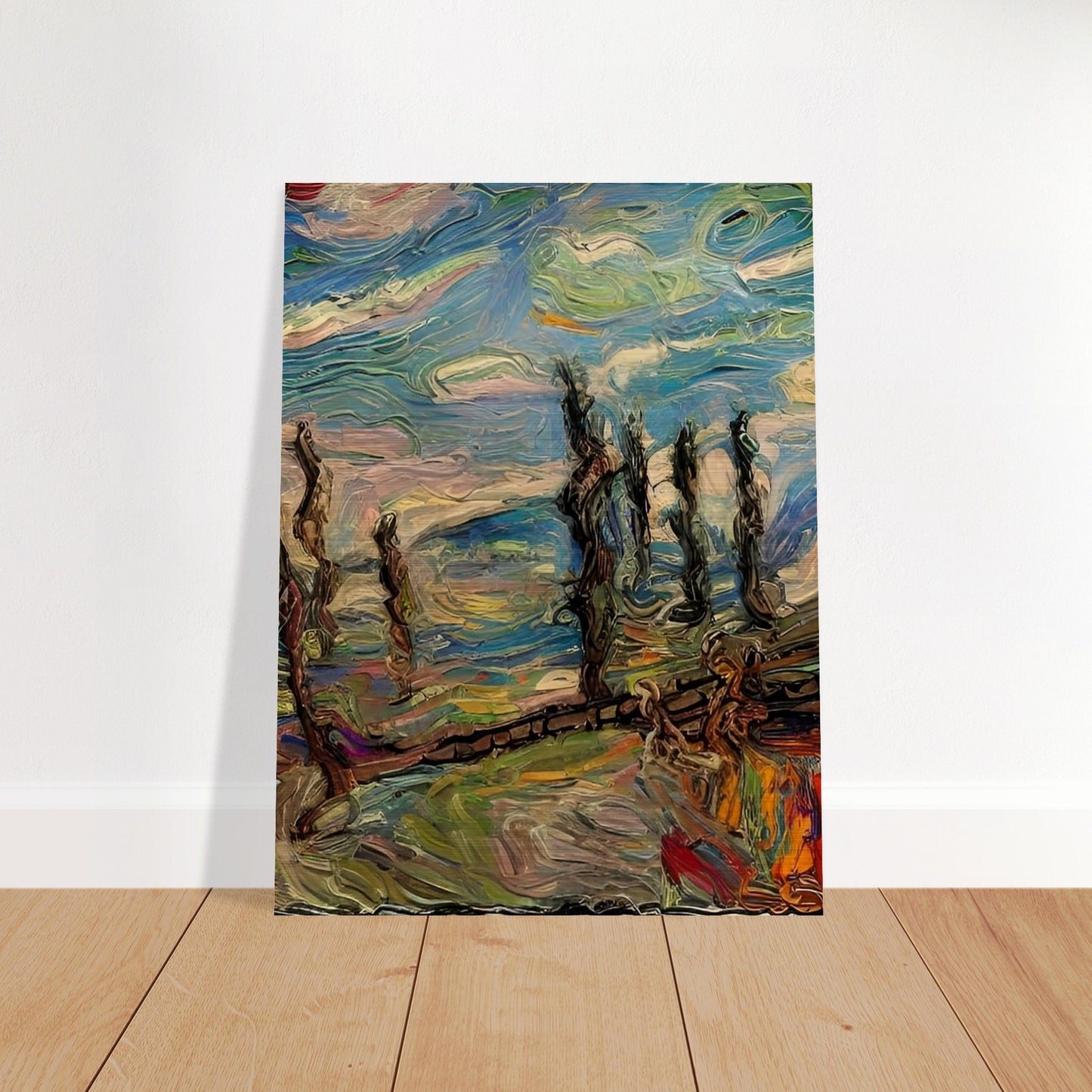 "An expressive and textured painting with swirling skies and windswept trees, full of dynamic brushstrokes in vibrant blues, greens, and earth tones."