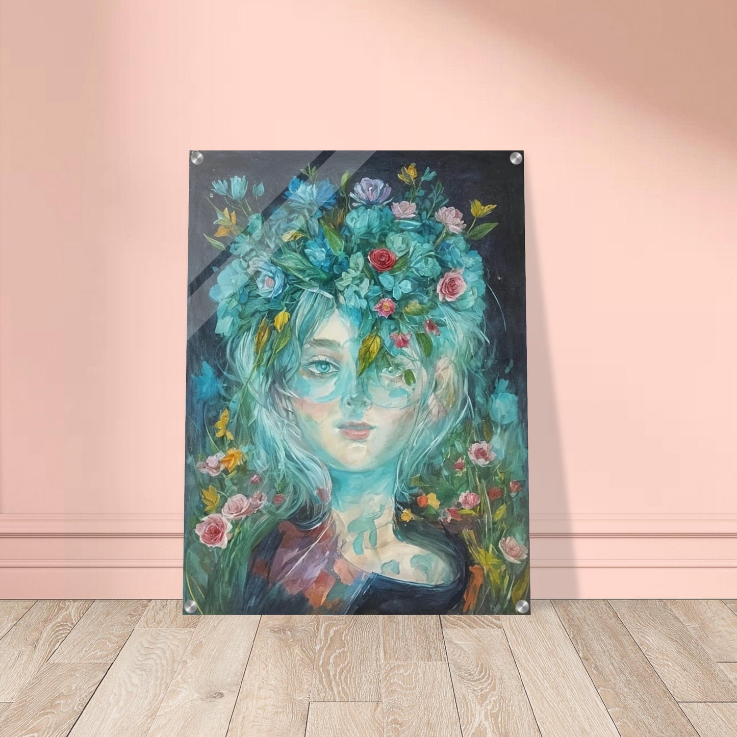 A captivating portrait of a woman with flowers in her hair, blending seamlessly into a vibrant floral background.