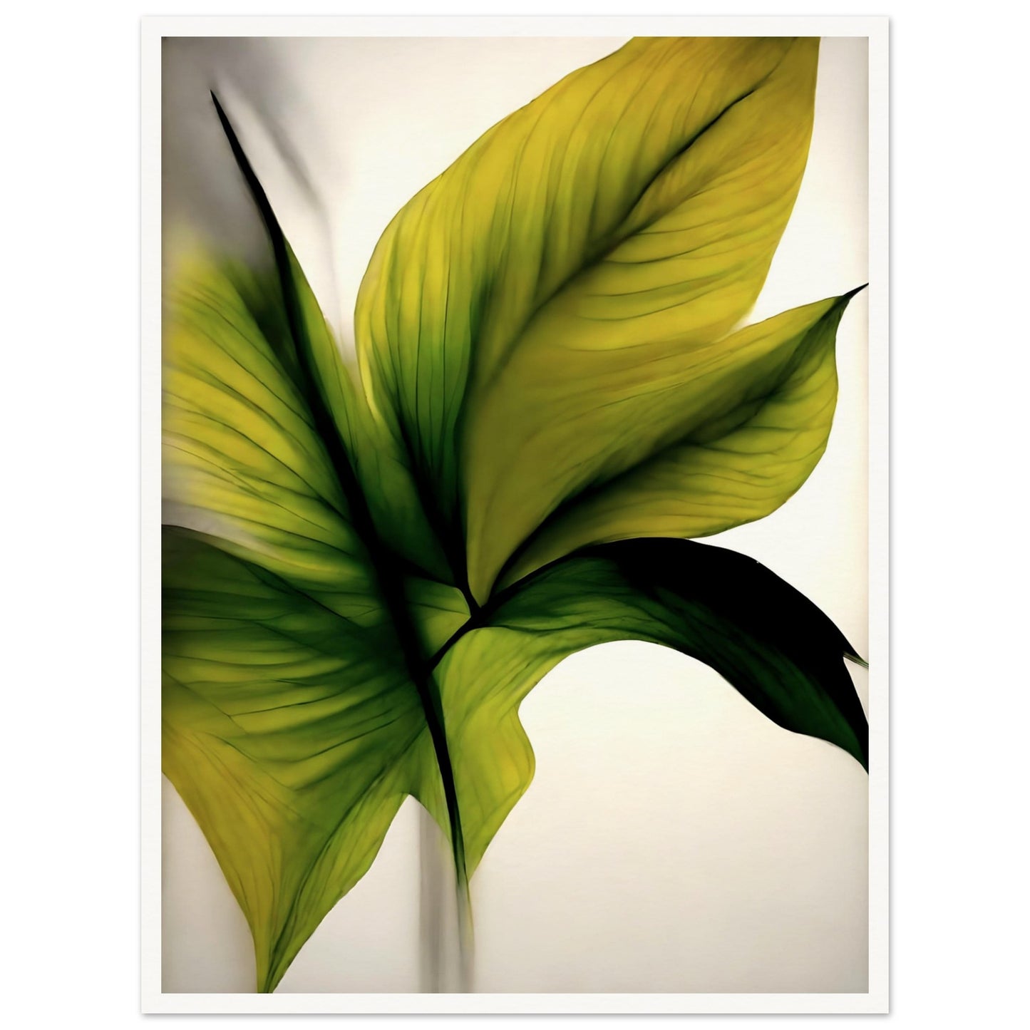 A minimalistic and elegant painting of lush green and golden leaves, highlighting delicate textures and veins against a soft, light background.