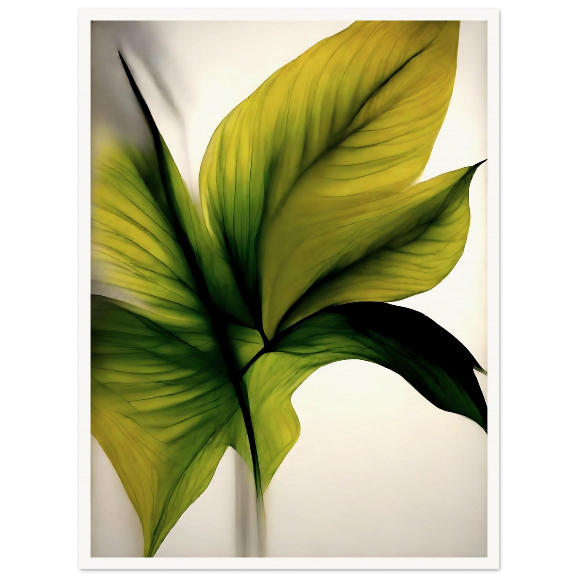 A minimalistic and elegant painting of lush green and golden leaves, highlighting delicate textures and veins against a soft, light background.