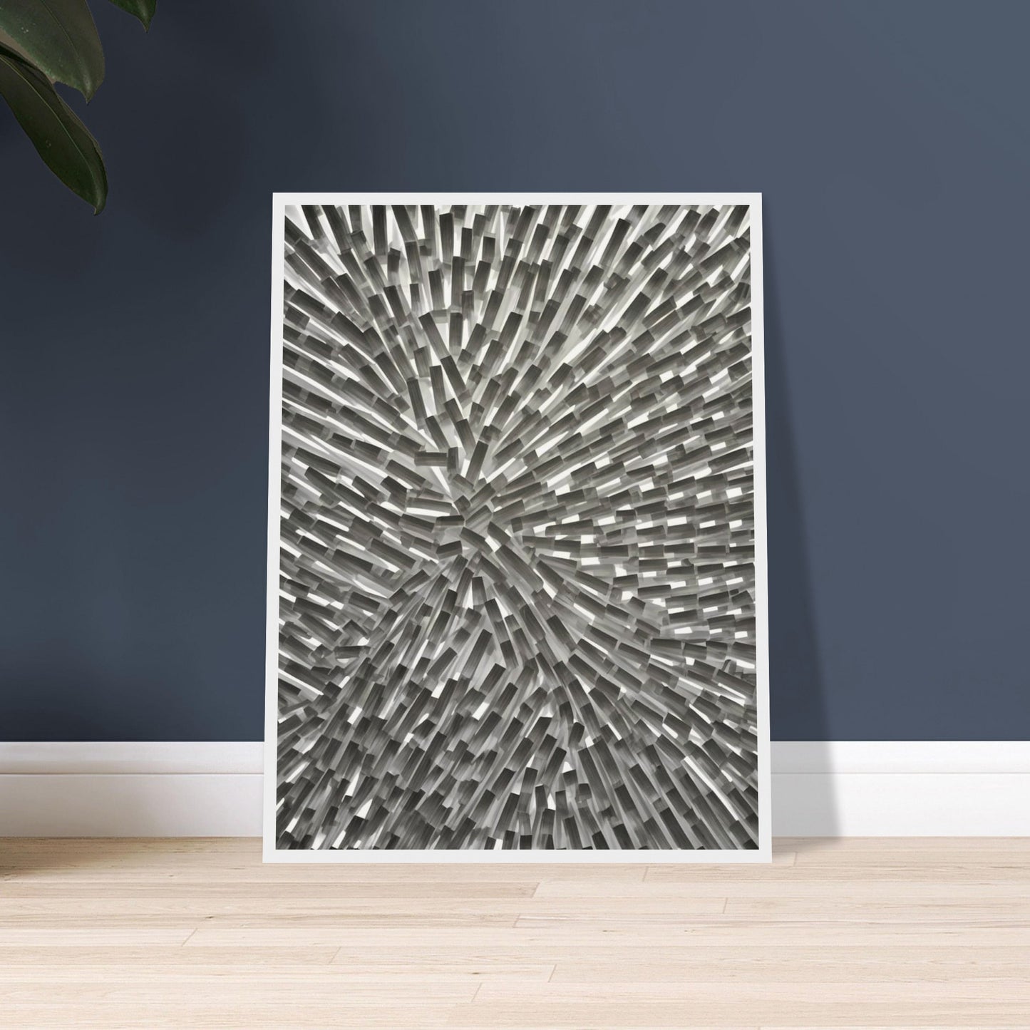 An abstract monochromatic artwork featuring a dynamic arrangement of geometric rectangular blocks radiating outward in a burst-like pattern.