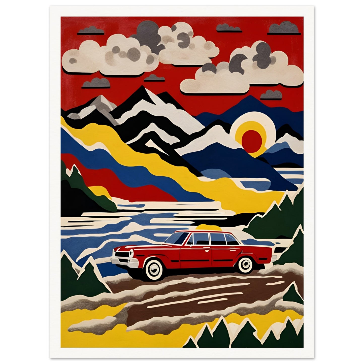 A vibrant, stylized painting of a classic red car driving through a colorful mountain landscape under a bold red sky with clouds and a setting sun.