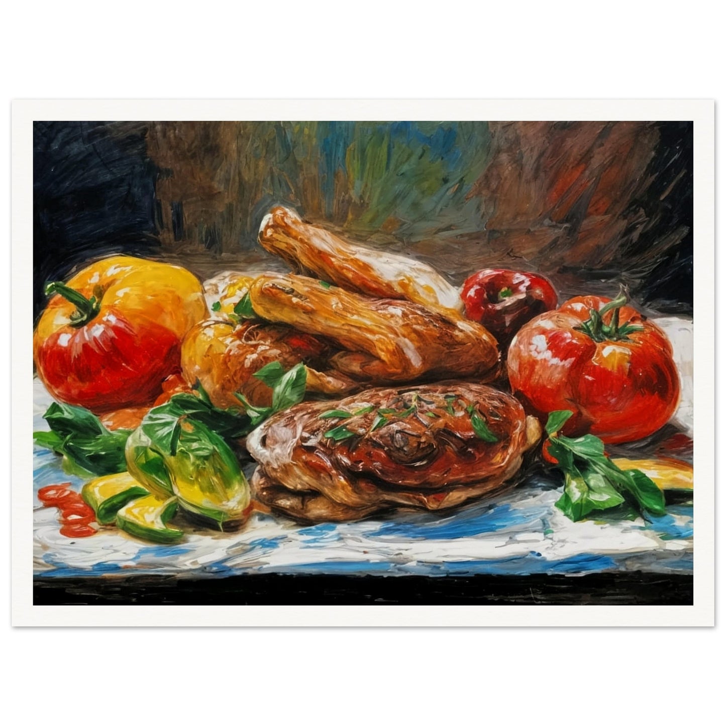 A colorful arrangement of roasted meats and fresh vegetables, including bright tomatoes and peppers, displayed on a rustic background.