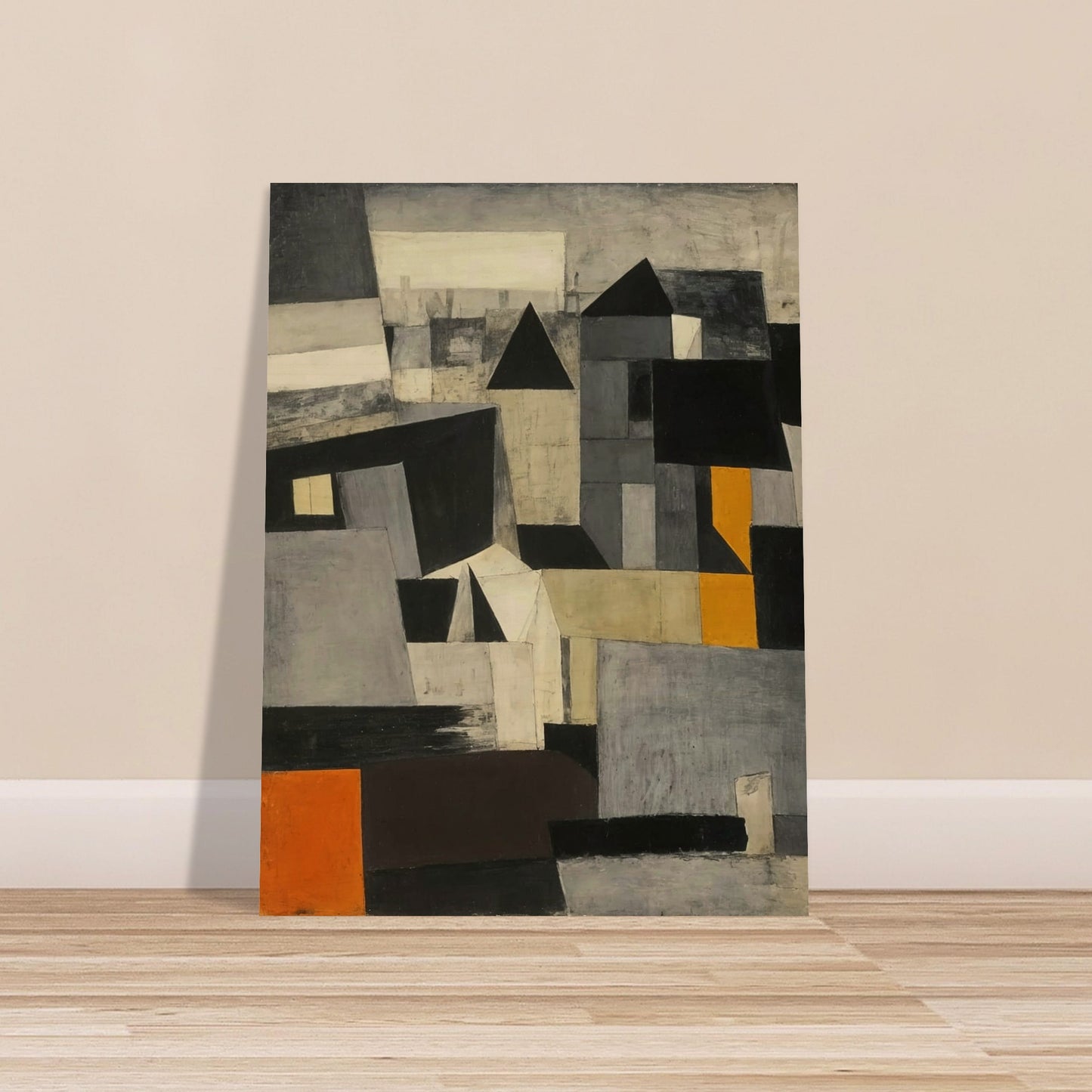 A dynamic composition of fragmented cityscape elements in shades of gray, black, and orange, creating an intriguing visual narrative.