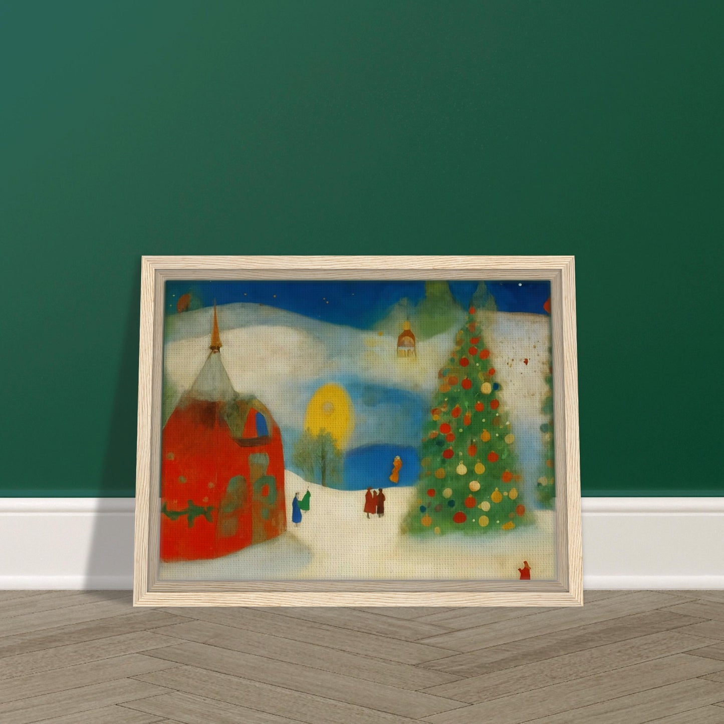 A whimsical winter scene with a large Christmas tree decorated in vibrant ornaments, a cozy red house, and figures strolling through a snowy landscape under a night sky.