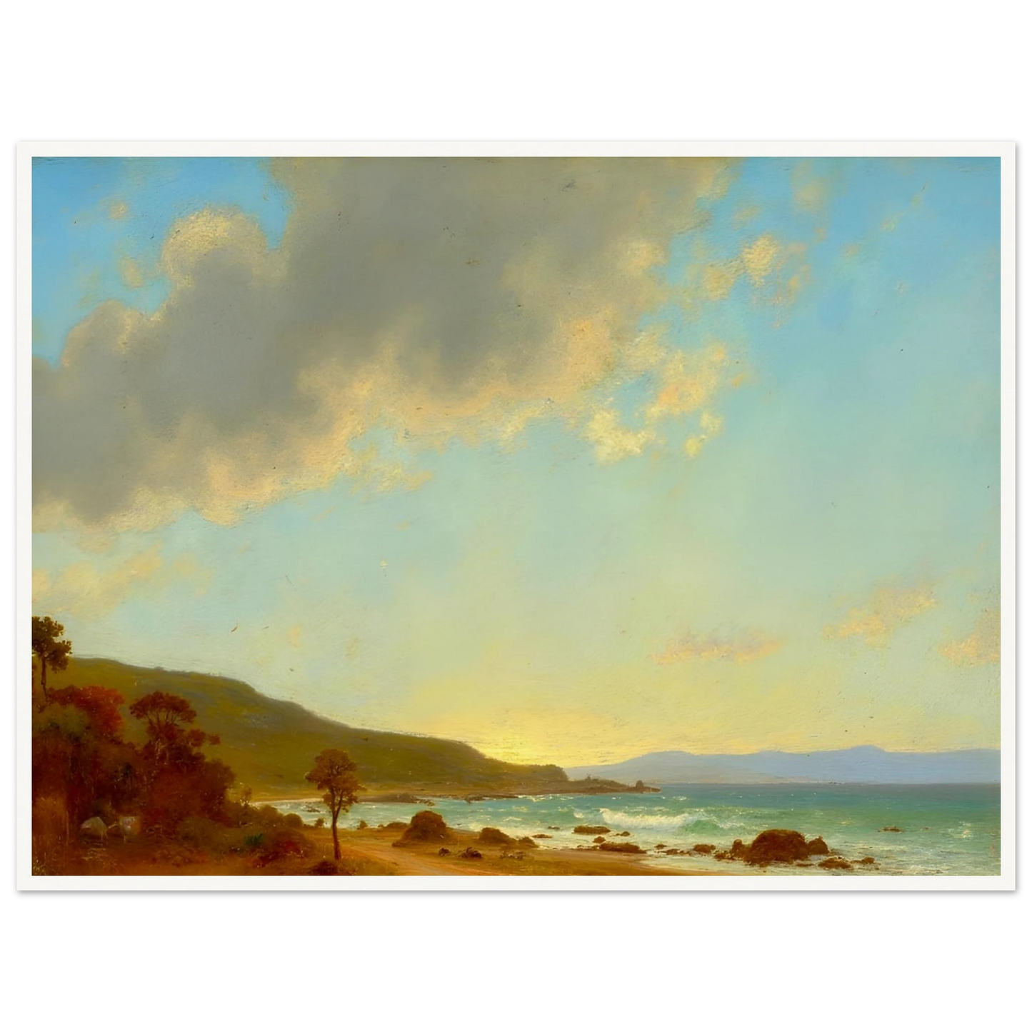 A sunlit coastal landscape with gentle waves meeting a golden shore, framed by rocky outcrops and distant hills under a vast sky.