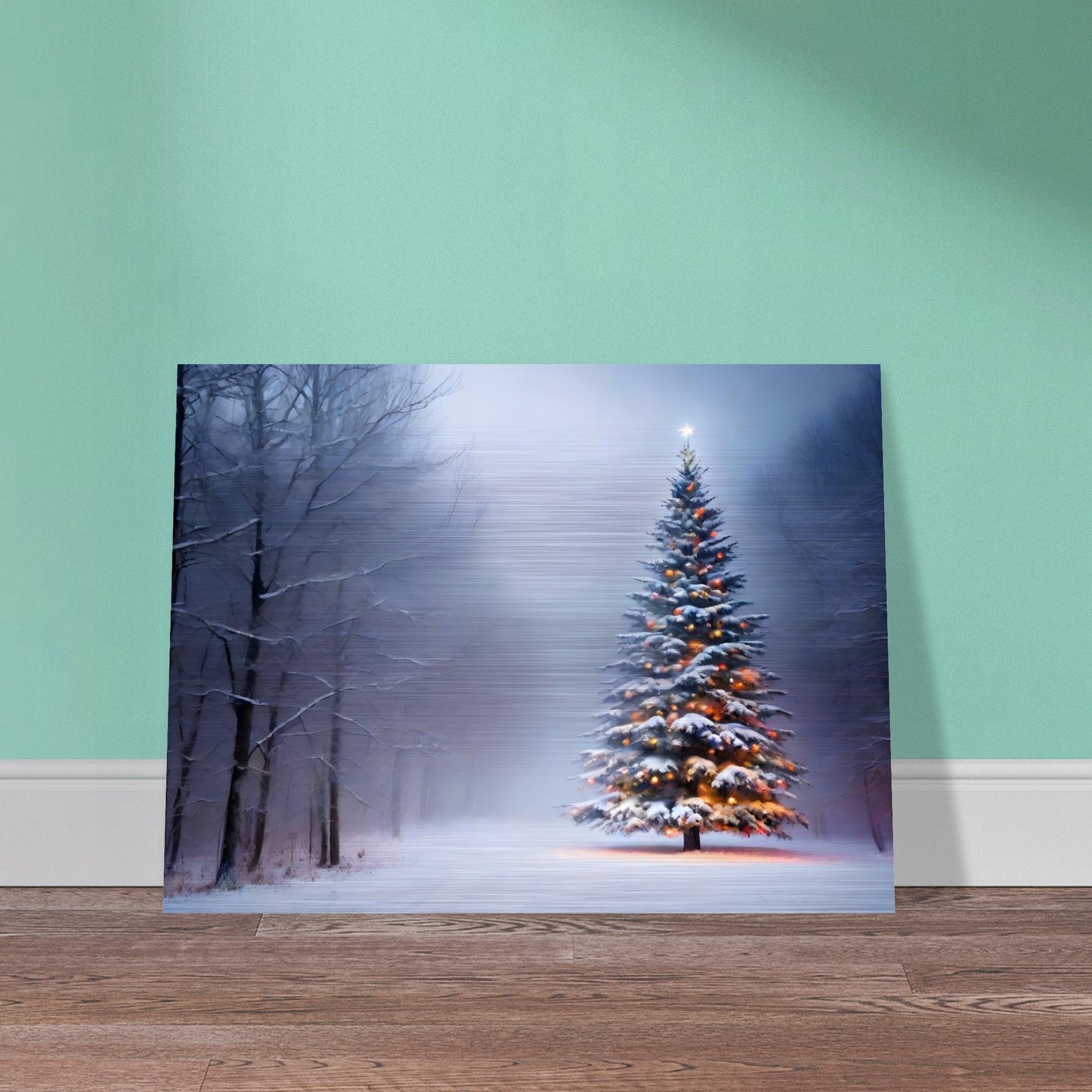A snow-covered Christmas tree glowing with warm lights, standing alone in a misty winter forest, surrounded by frosted trees and soft light.