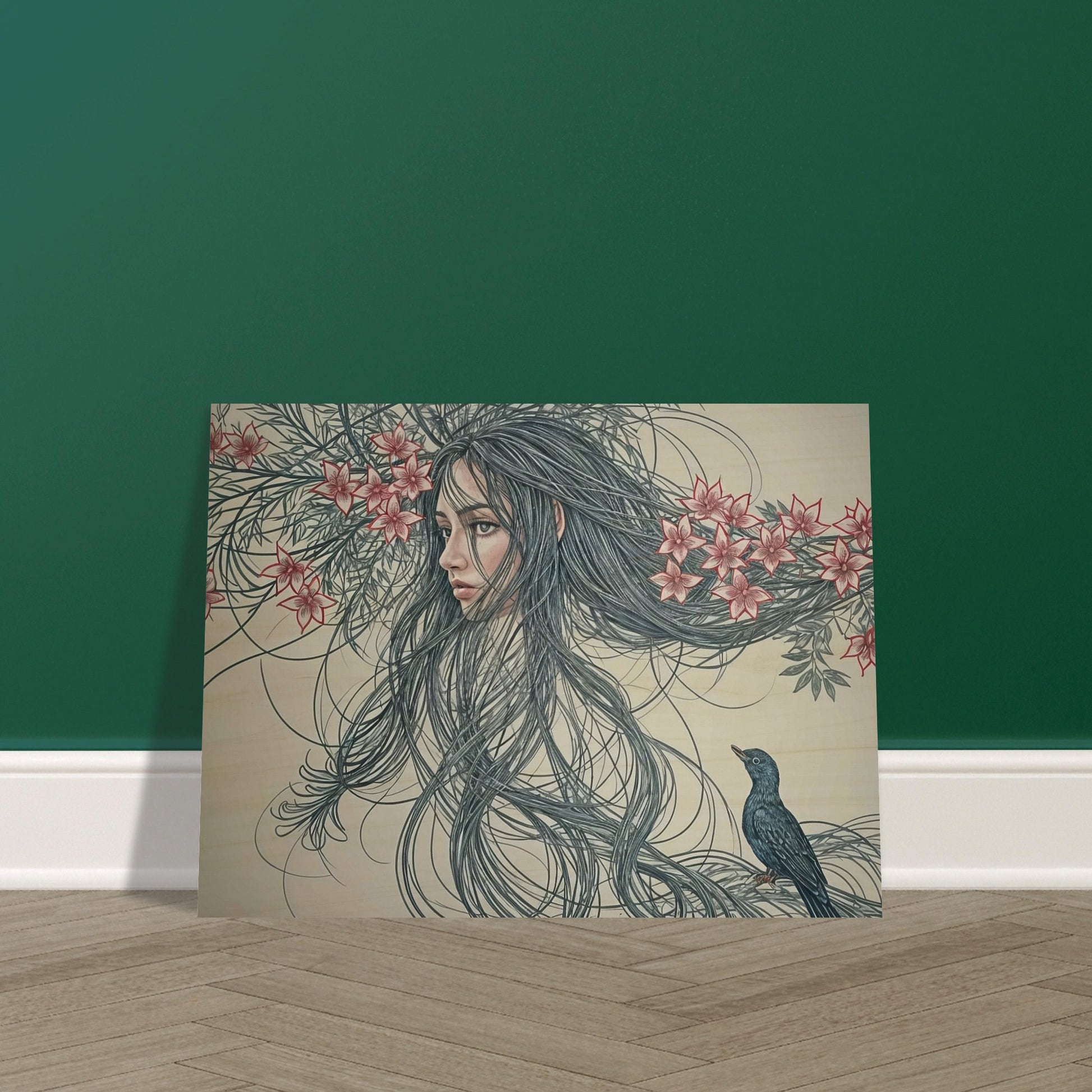A surreal painting depicting a woman's face intertwined with long flowing hair and flowers, accompanied by a small bird.