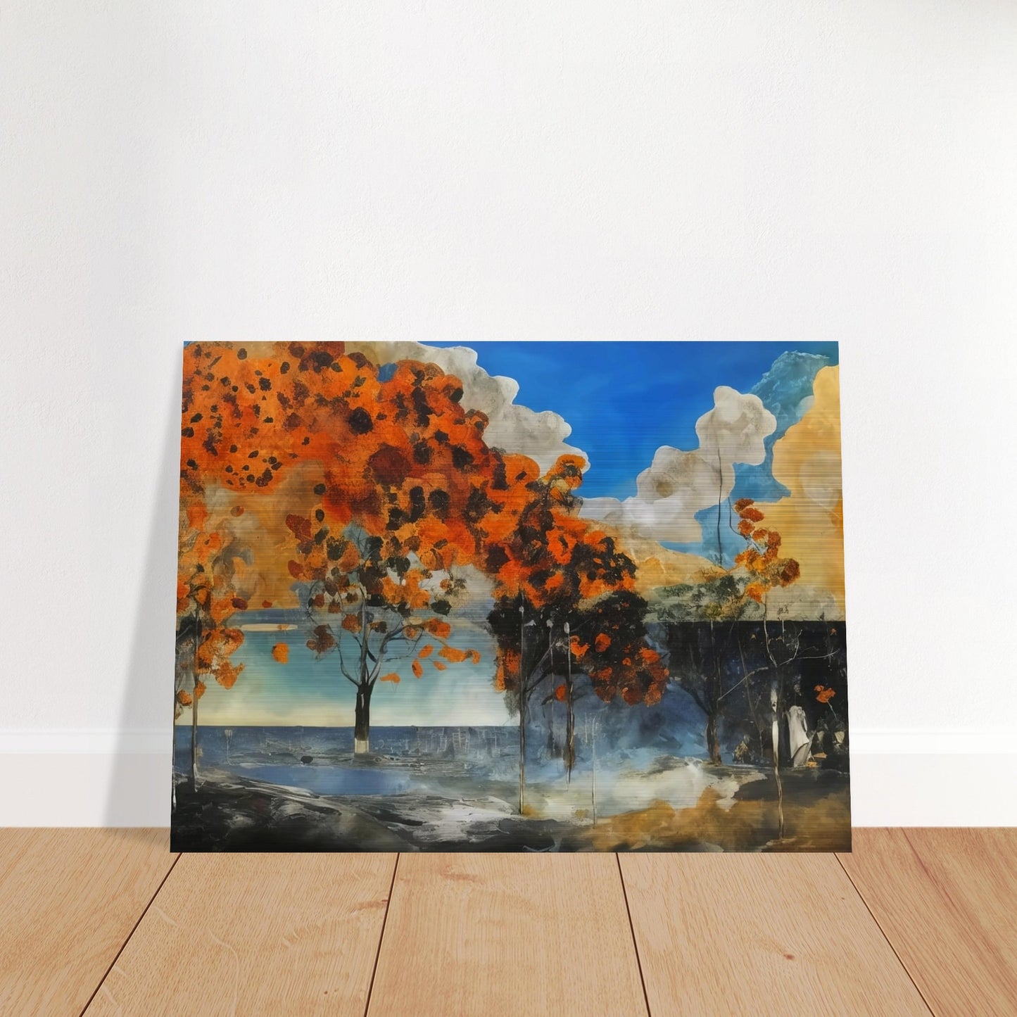 A captivating painting of autumn trees with vibrant orange foliage set against a bright blue sky and dark, shadowy foreground.