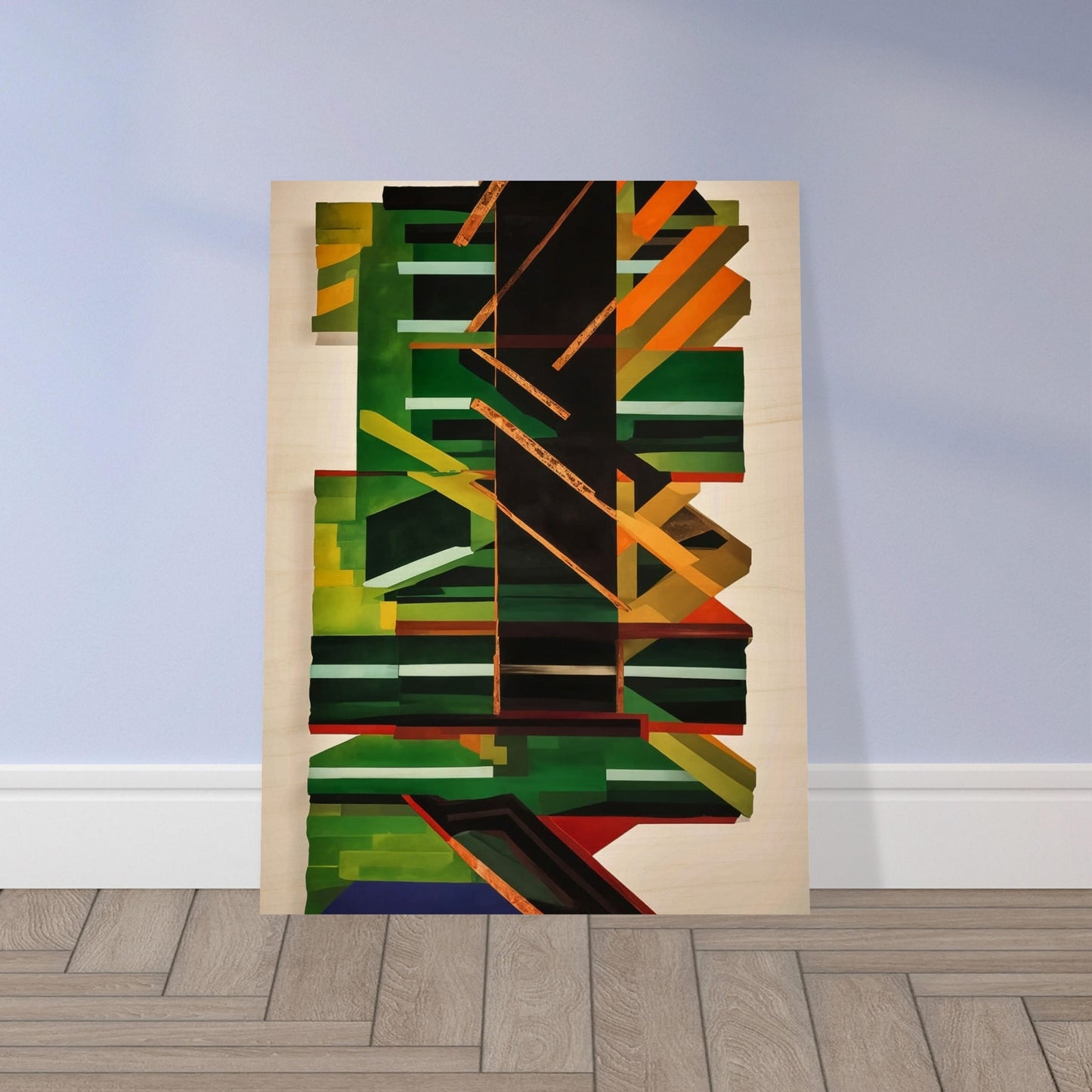 A dynamic and visually engaging abstract painting featuring a complex arrangement of geometric shapes and lines in green, black, orange, and yellow. Central focus on a large black vertical shape with intersecting diagonal and horizontal lines, creating depth and movement.