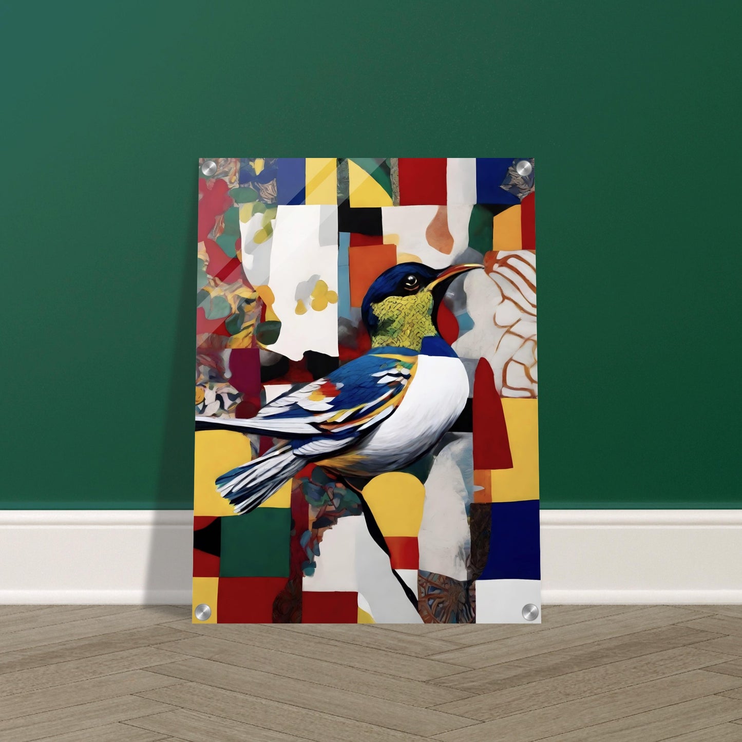 A colorful painting of a bird with intricate blue, yellow, and white feathers perched on a branch, set against a patchwork background of bold geometric shapes and vibrant hues.