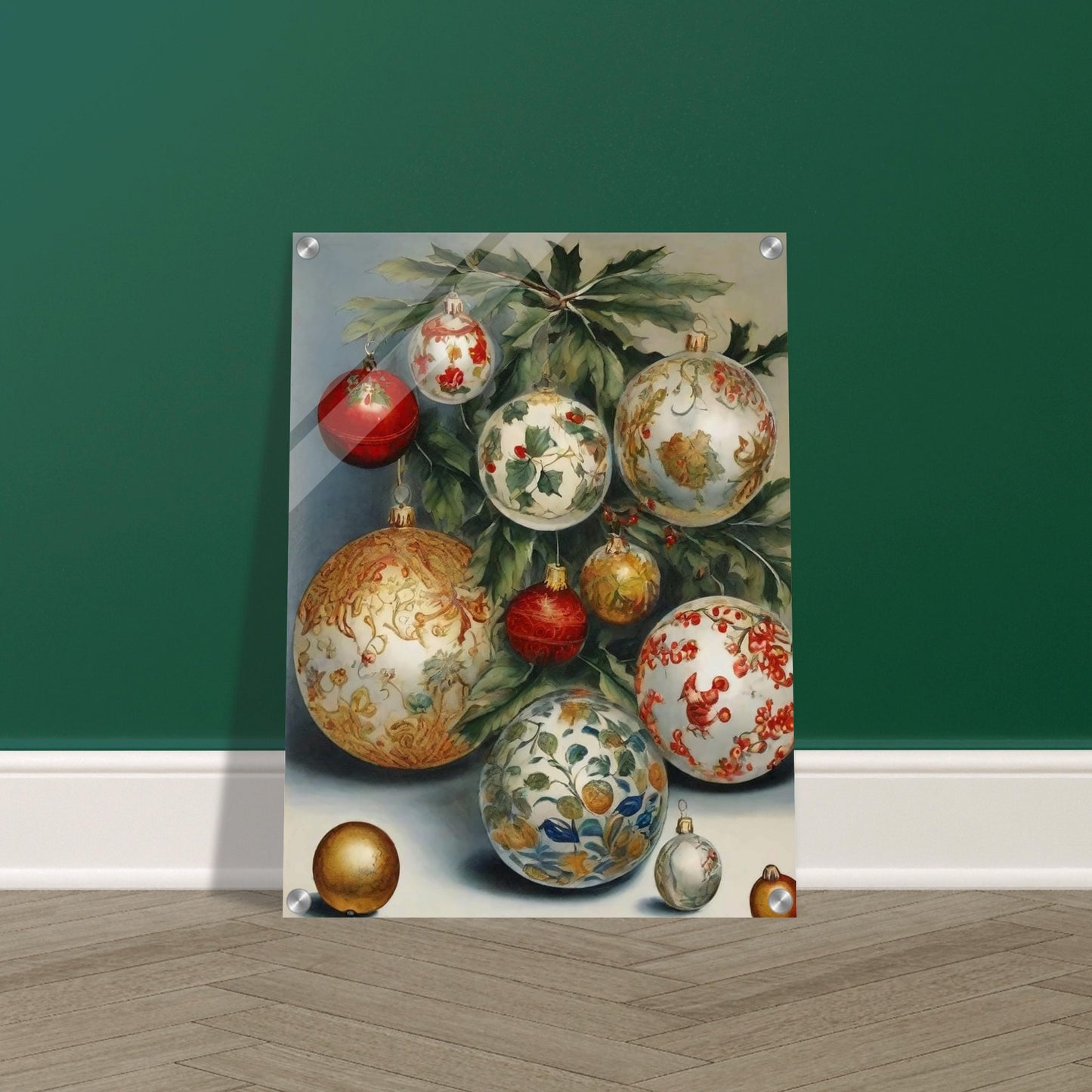 A collection of intricately designed Christmas ornaments in red, gold, and white, adorned with holly and floral patterns, hanging from green branches in an elegant holiday display.