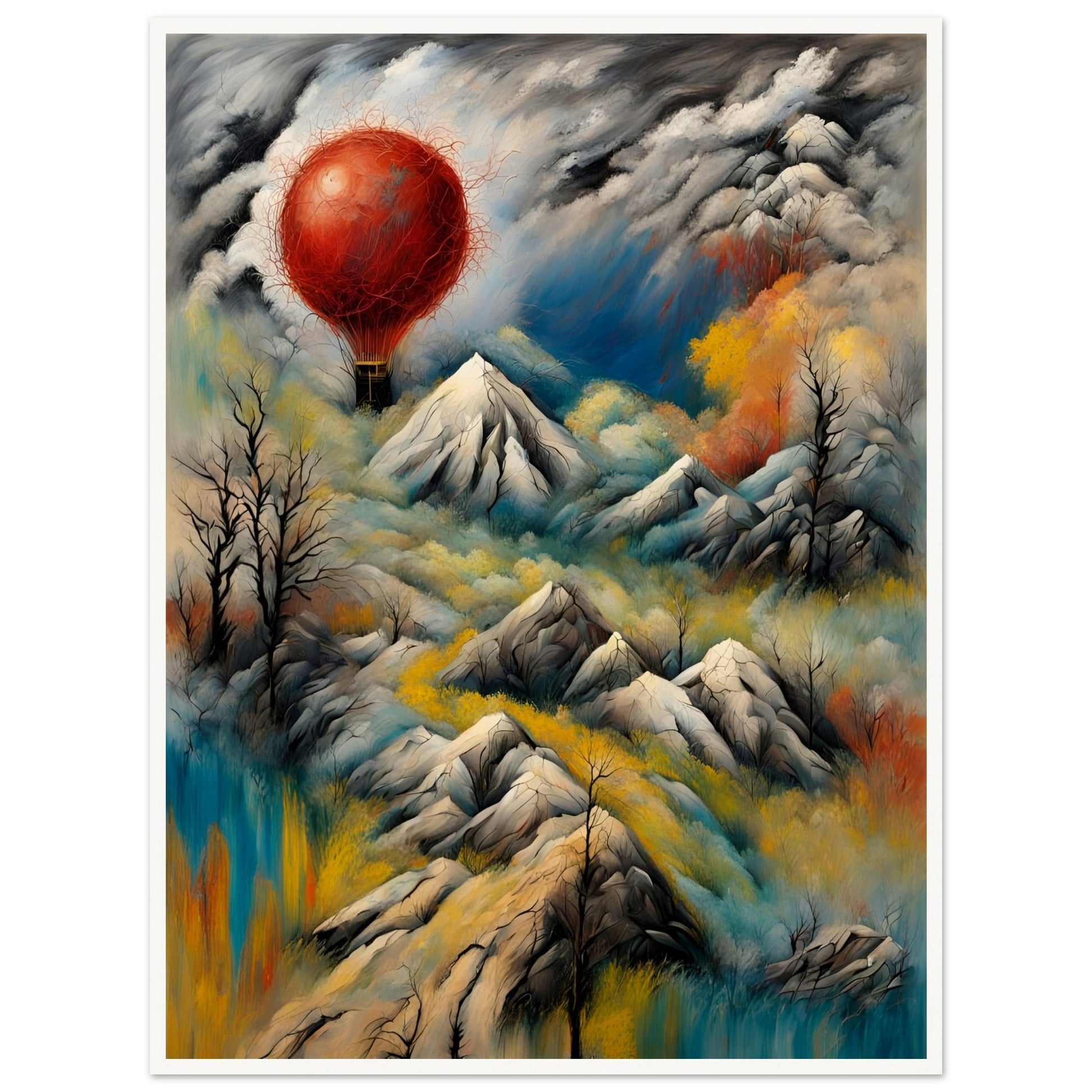 A surreal landscape featuring snow-capped mountains, swirling clouds, and a glowing red hot air balloon floating amidst dramatic skies.