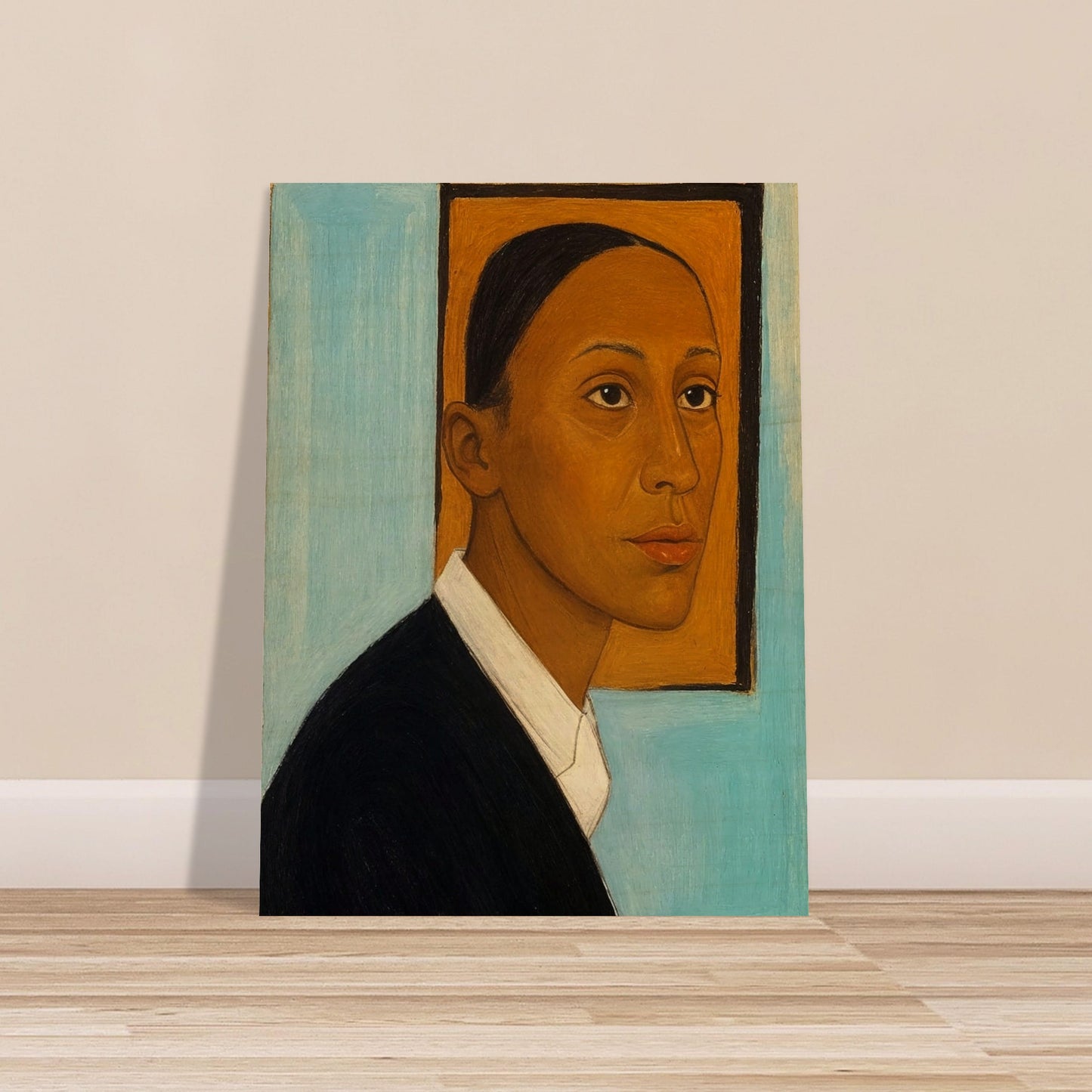 Stylized painting of a person in profile wearing a black jacket and white shirt against a light blue background with an orange frame behind the head.