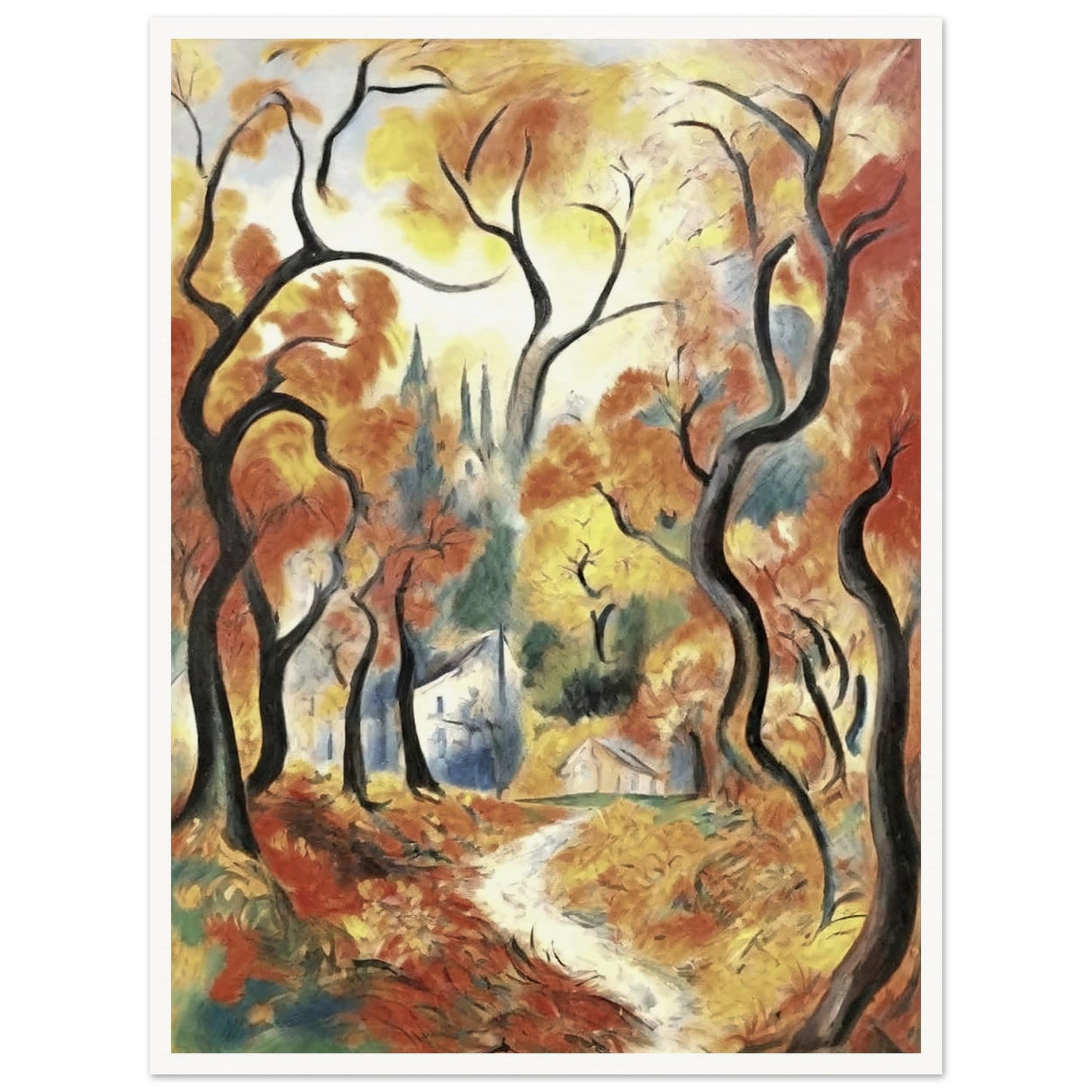 "A vibrant autumn landscape with twisted trees and a winding path leading to a cottage, framed by golden and orange leaves."
