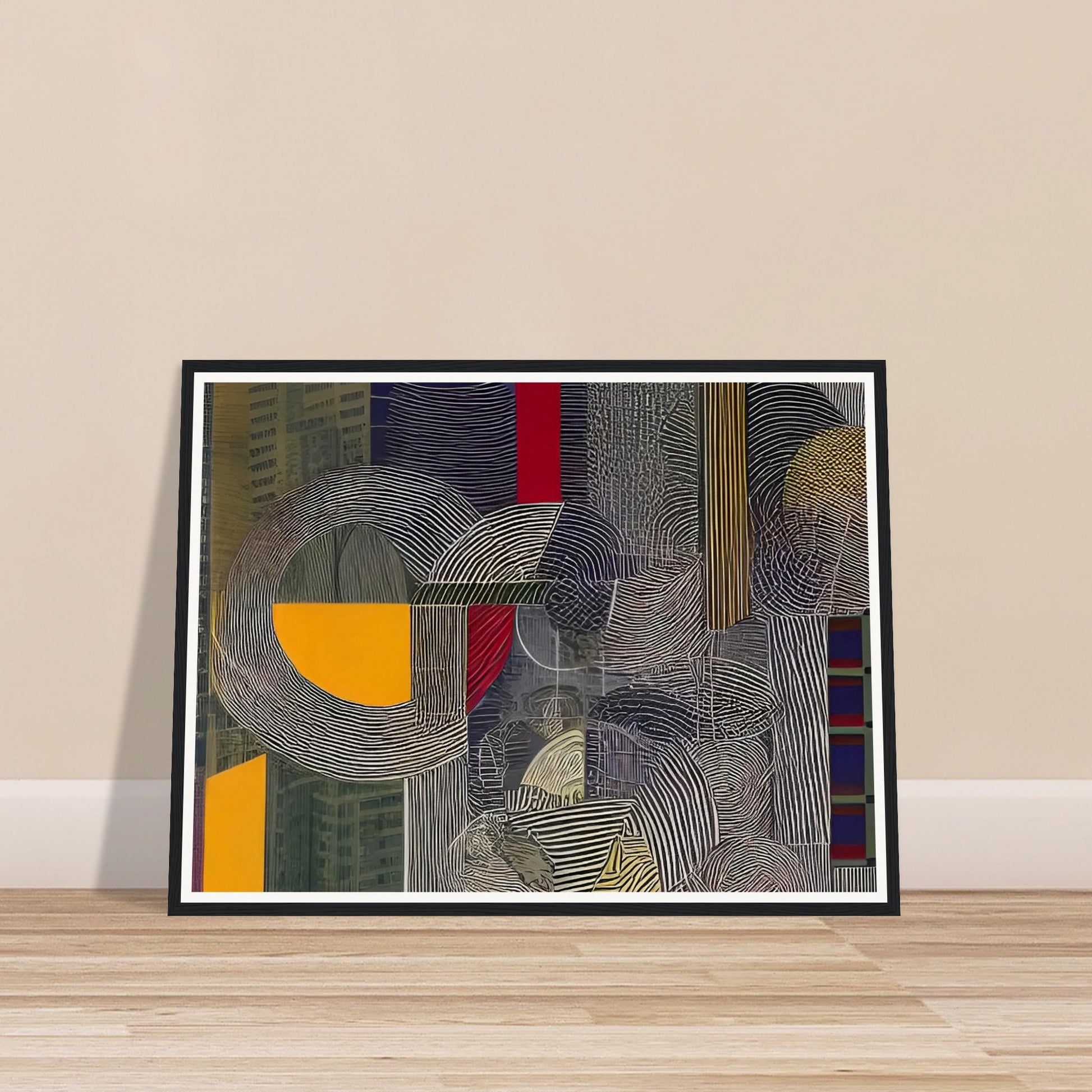A contemporary abstract painting featuring bold geometric shapes, lines, and patterns, evoking an urban architectural landscape.