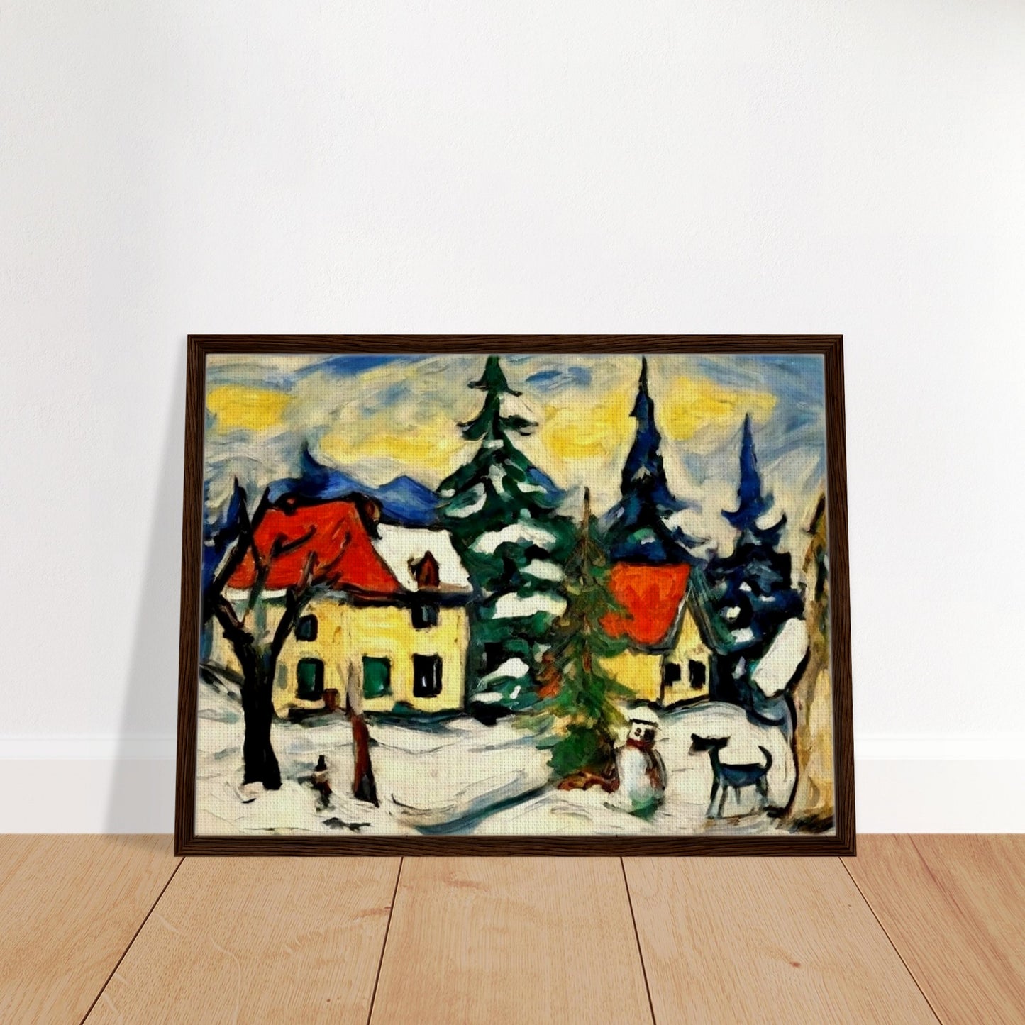 A picturesque village scene with snow-covered cabins, tall pine trees, and a snowman under a golden-yellow sky, capturing the peaceful charm of a winter landscape.