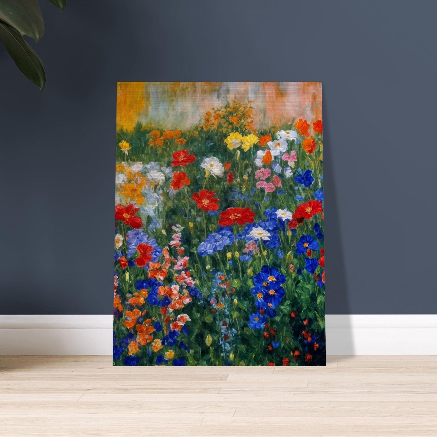 Colorful painting of a blooming garden filled with various flowers in red, blue, and yellow hues against a soft, textured background