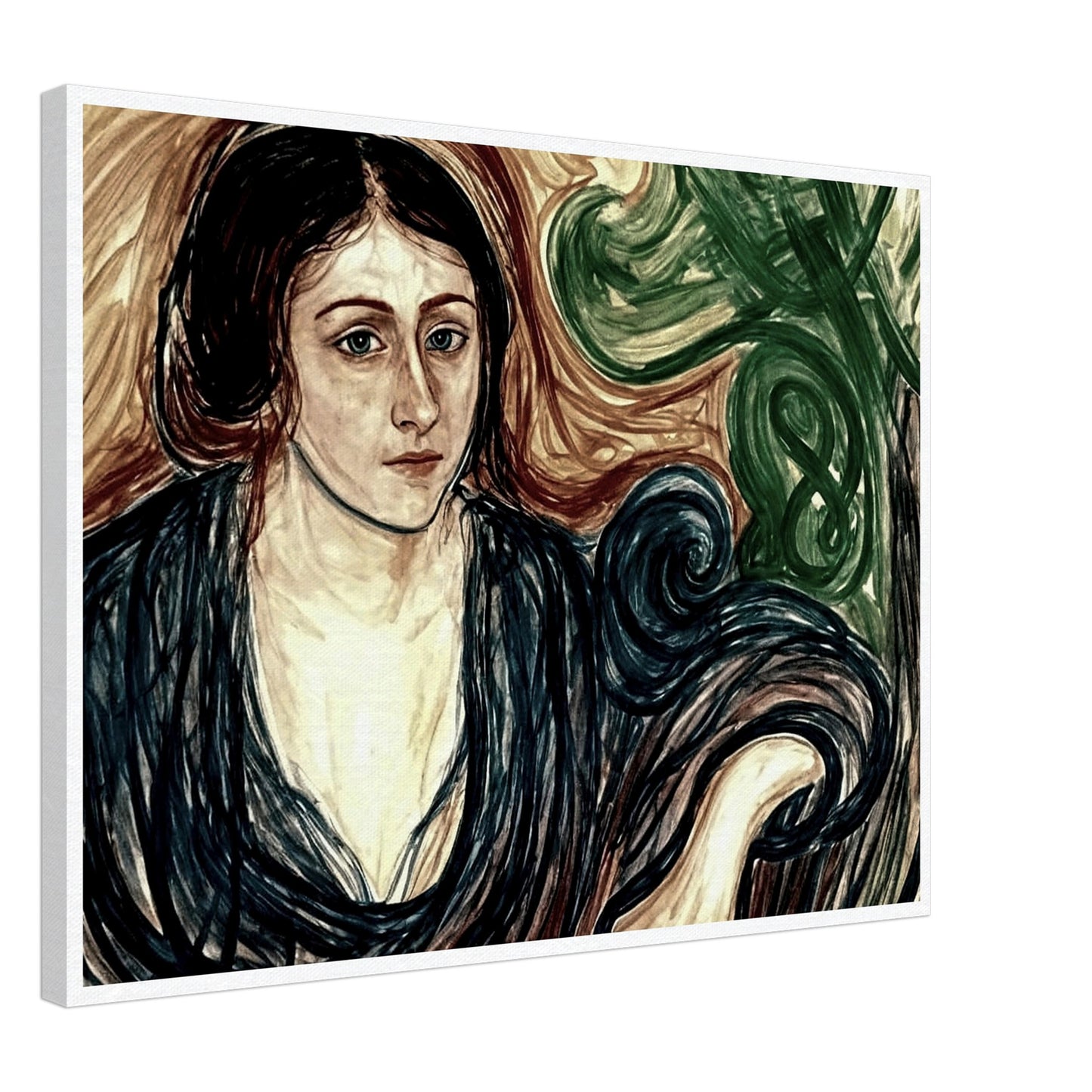 A contemplative portrait of a woman with dark hair, dressed in a flowing blue robe, surrounded by swirling patterns of green and brown.