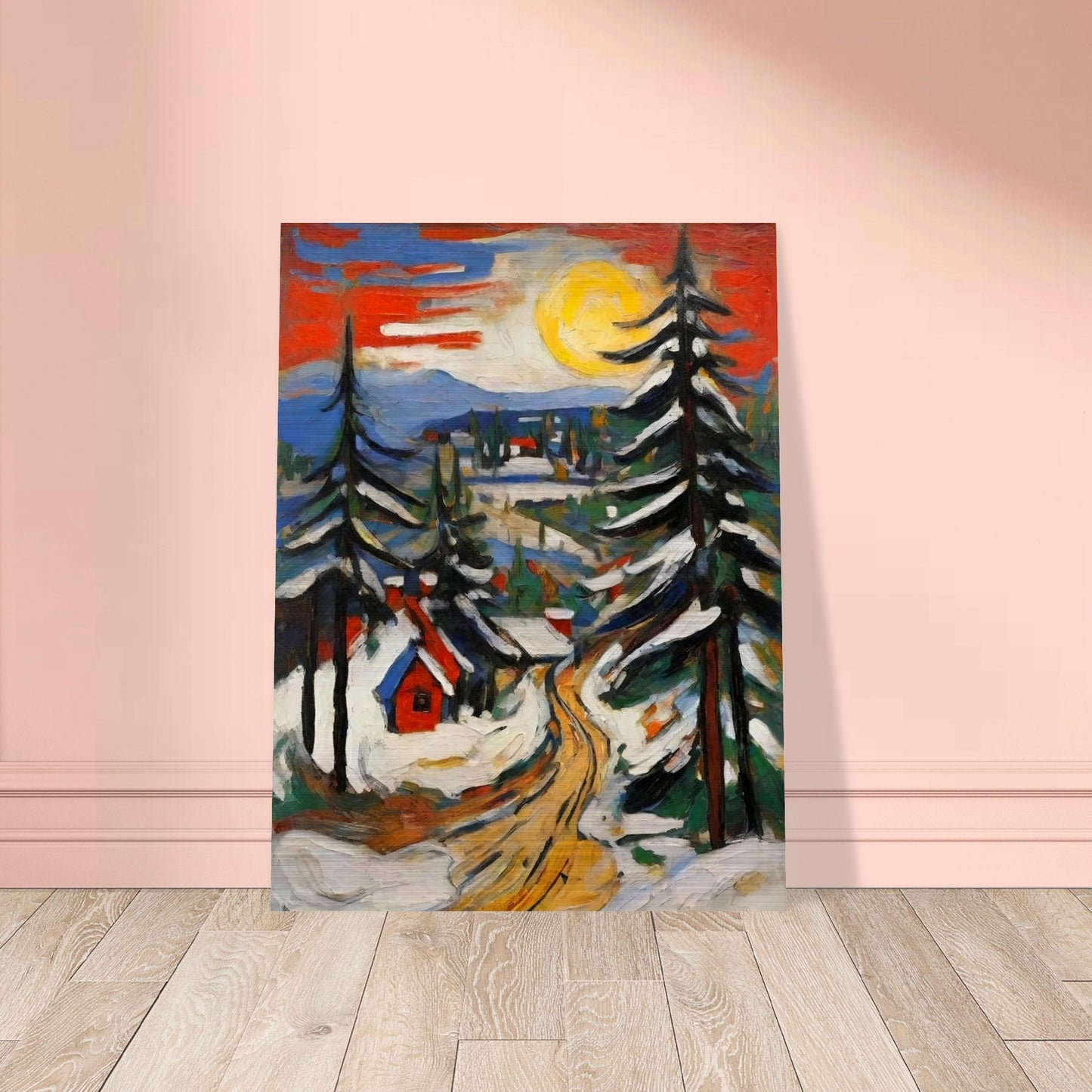 "A vibrant painting of a snow-covered village under a bright yellow sun, with tall pine trees and a winding golden path leading through the scene."