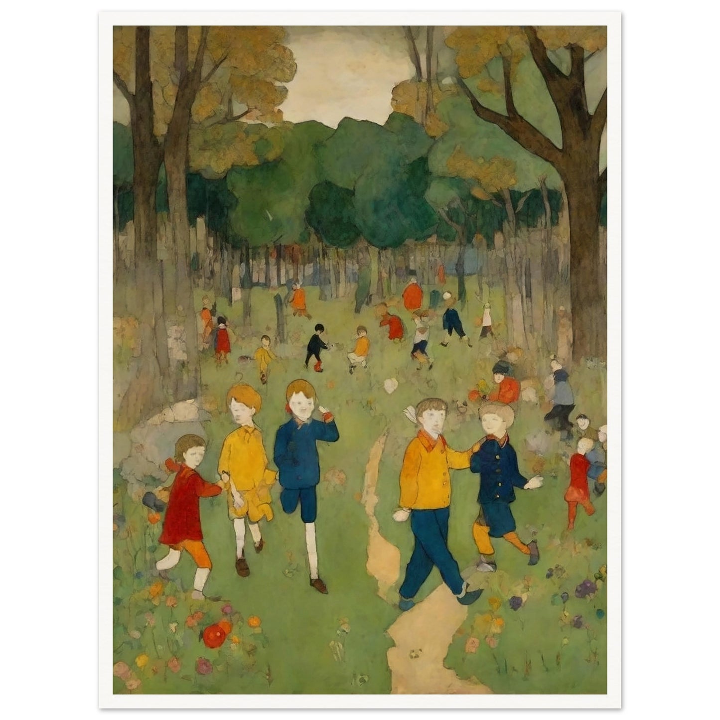 "A nostalgic painting of children playing and exploring in a bright green forest clearing, surrounded by tall trees and colorful wildflowers."