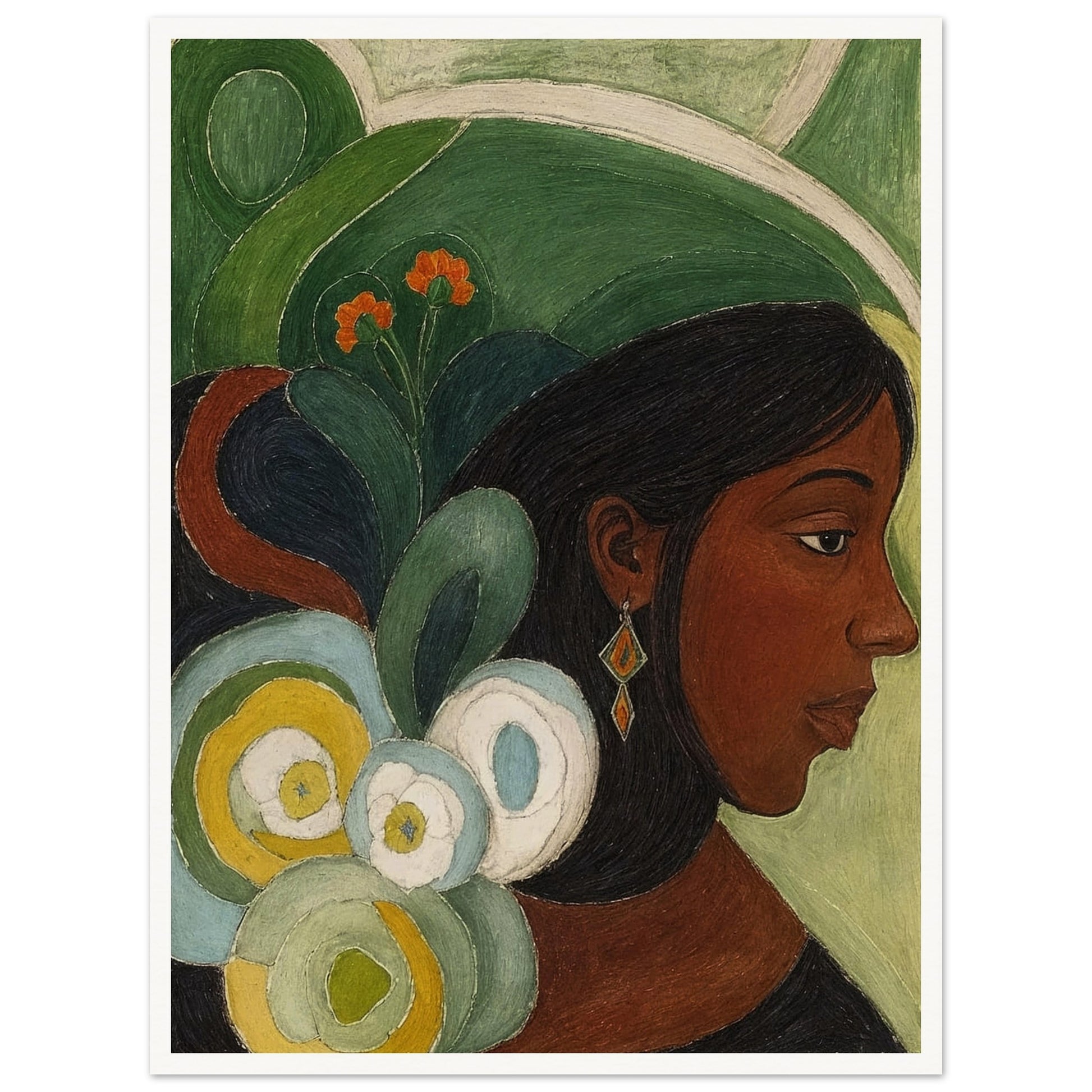 A contemplative portrait of a woman in profile, adorned with vibrant green and floral elements in the background.