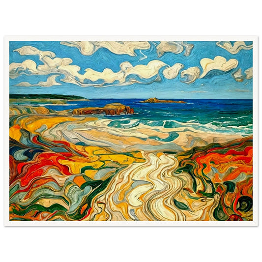 A colorful and dynamic painting of a beach scene with swirling patterns in the sand and water, vibrant blues, reds, yellows, and greens under a bright sky.