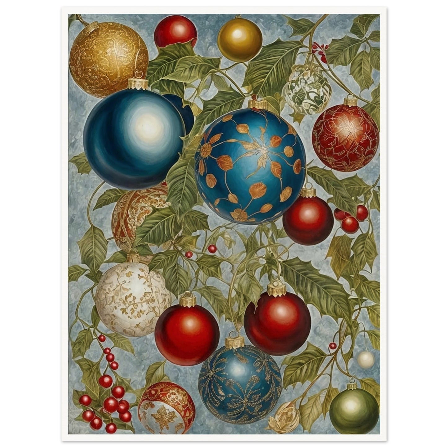 A beautiful arrangement of Christmas ornaments in blue, red, gold, and white, hanging from holly branches adorned with berries, showcasing intricate holiday designs.