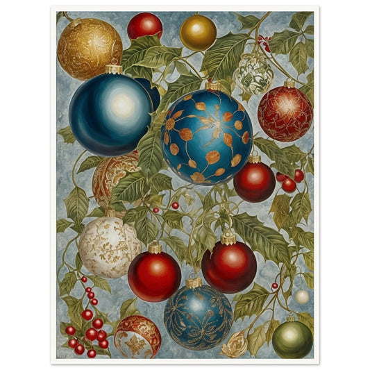 A beautiful arrangement of Christmas ornaments in blue, red, gold, and white, hanging from holly branches adorned with berries, showcasing intricate holiday designs.