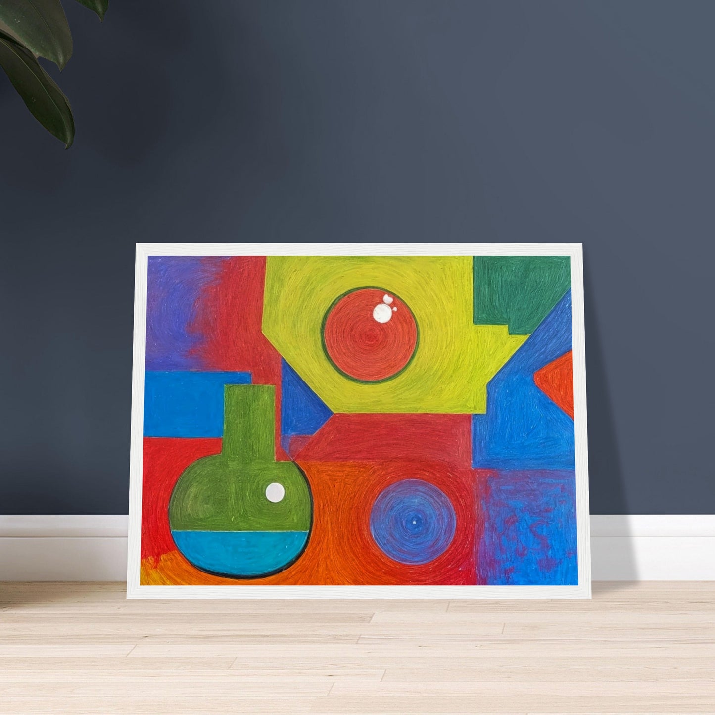 A colorful abstract composition featuring vibrant geometric shapes in bold reds, greens, blues, and yellows, creating a playful and dynamic visual arrangement.