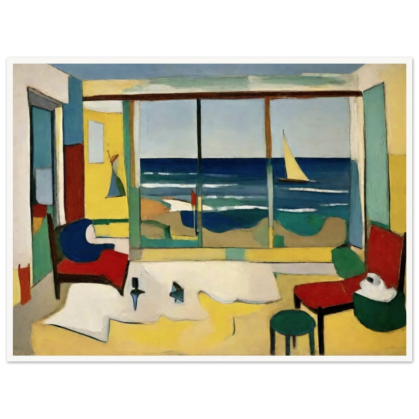 A vibrant painting of an interior room with a large window showcasing a view of the ocean, a sailboat on the water, and colorful furniture.