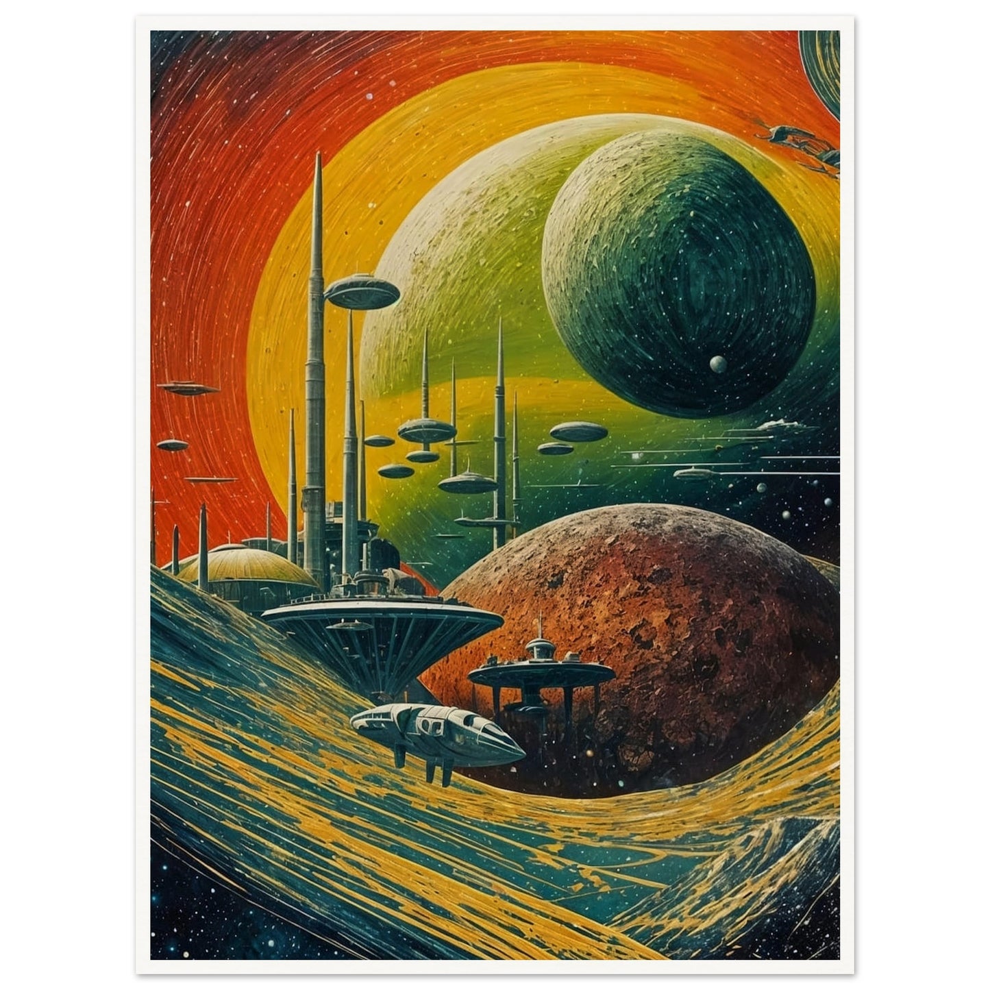 A vivid depiction of a futuristic planetary system with towering structures and spacecraft amidst swirling cosmic landscapes, evoking a sense of exploration and wonder.