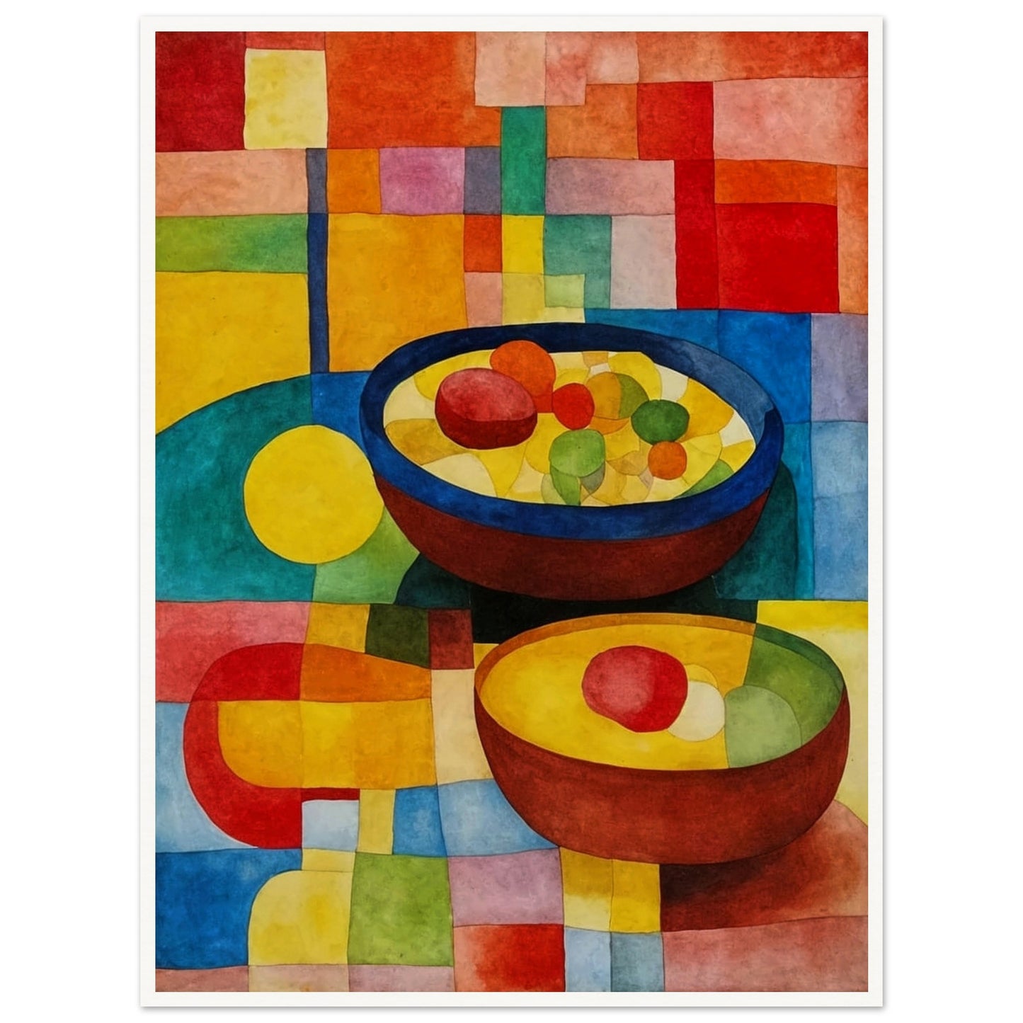 Brightly colored bowls filled with vibrant fruits rest on a multicolored geometric surface, surrounded by warm and cool hues in a mosaic style.