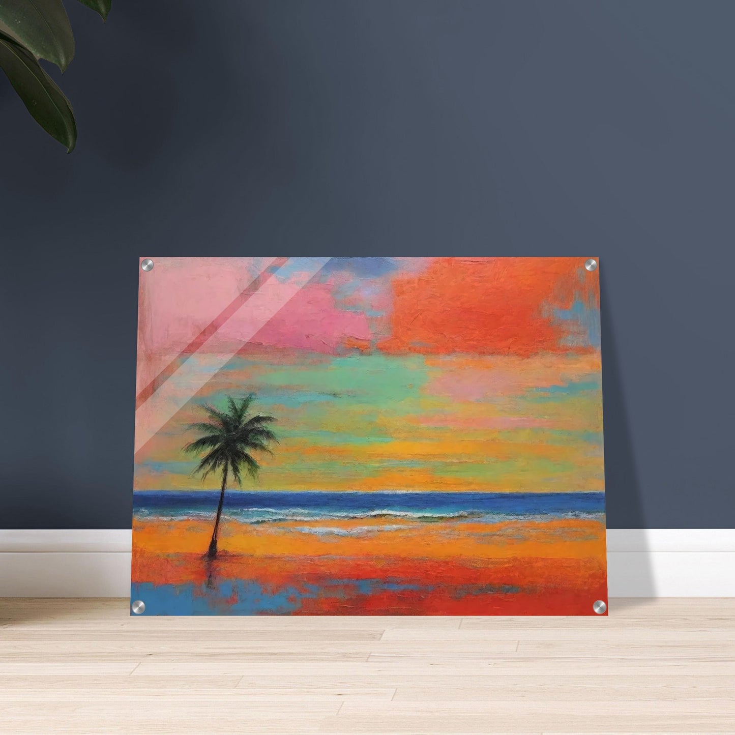 A vibrant tropical sunset with a lone palm tree silhouetted against a colorful sky blending pink, orange, green, and blue hues.