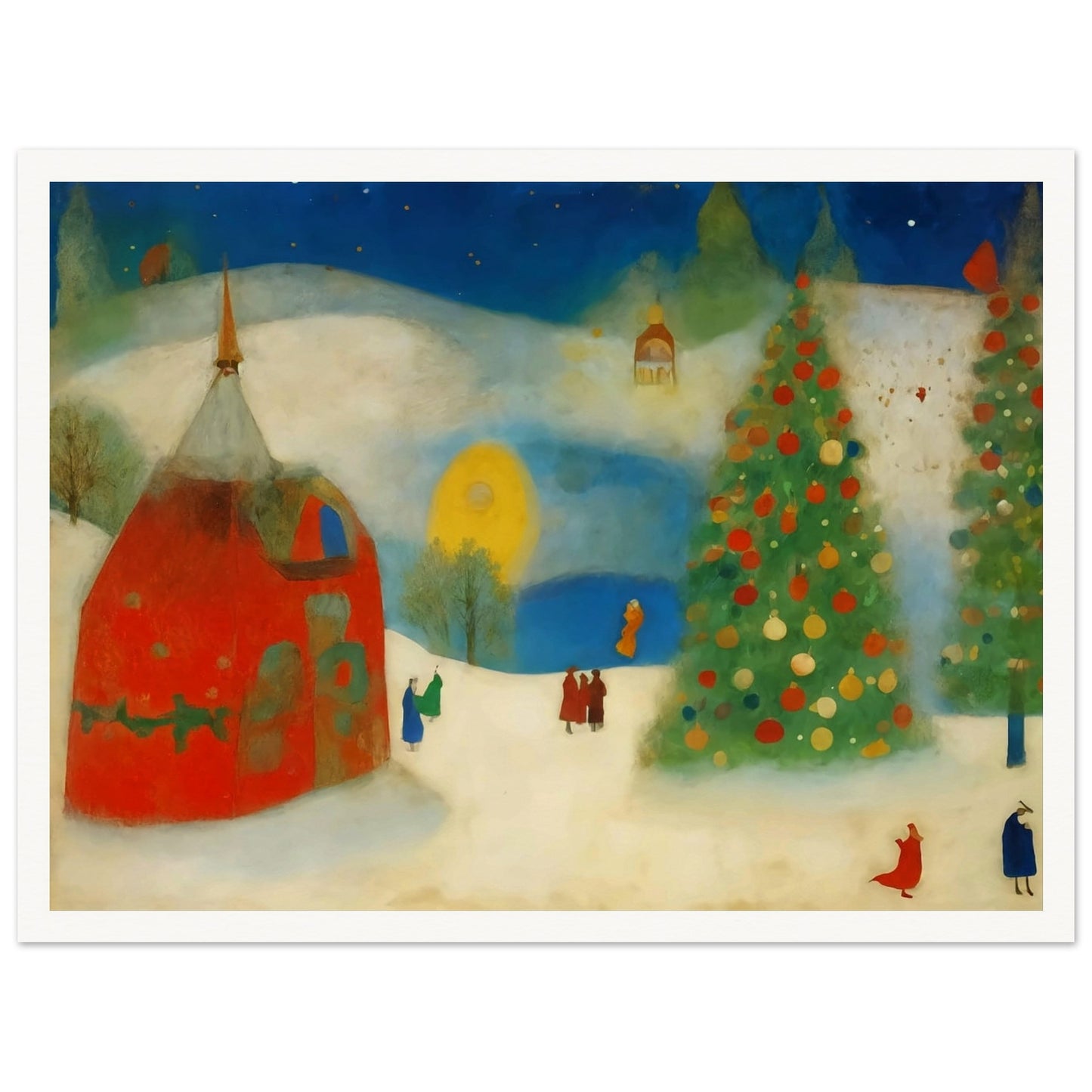 A whimsical winter scene with a large Christmas tree decorated in vibrant ornaments, a cozy red house, and figures strolling through a snowy landscape under a night sky.