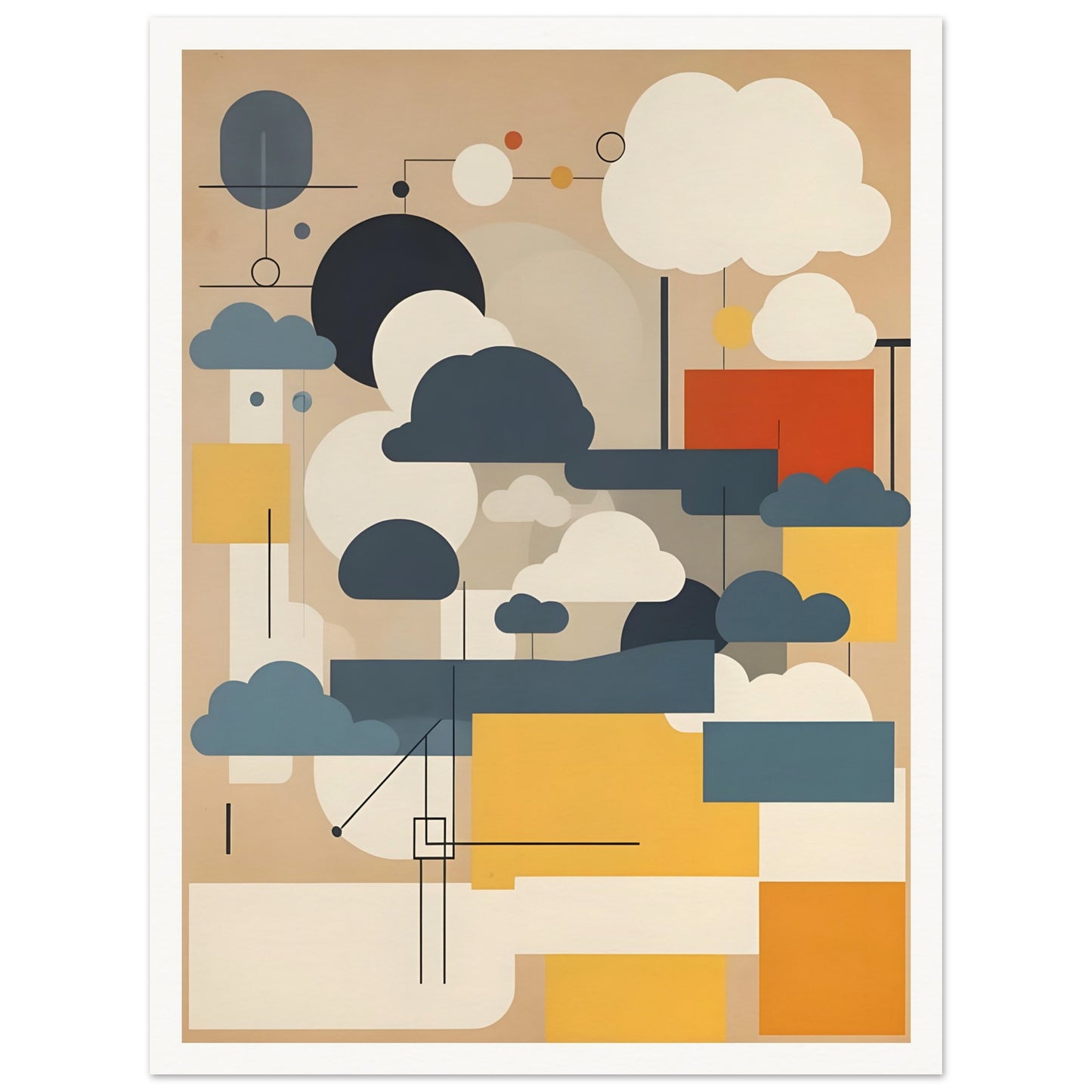 An abstract geometric artwork featuring stylized cloud shapes in white, gray, and blue, with rectangular blocks in yellow, beige, and red on a muted tan background.