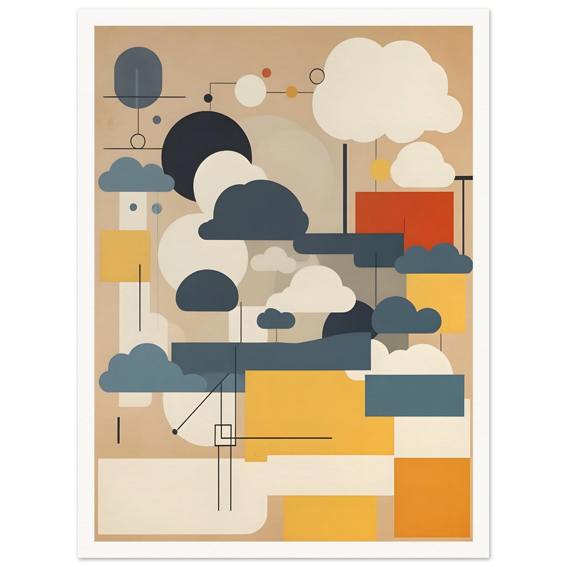 An abstract geometric artwork featuring stylized cloud shapes in white, gray, and blue, with rectangular blocks in yellow, beige, and red on a muted tan background.
