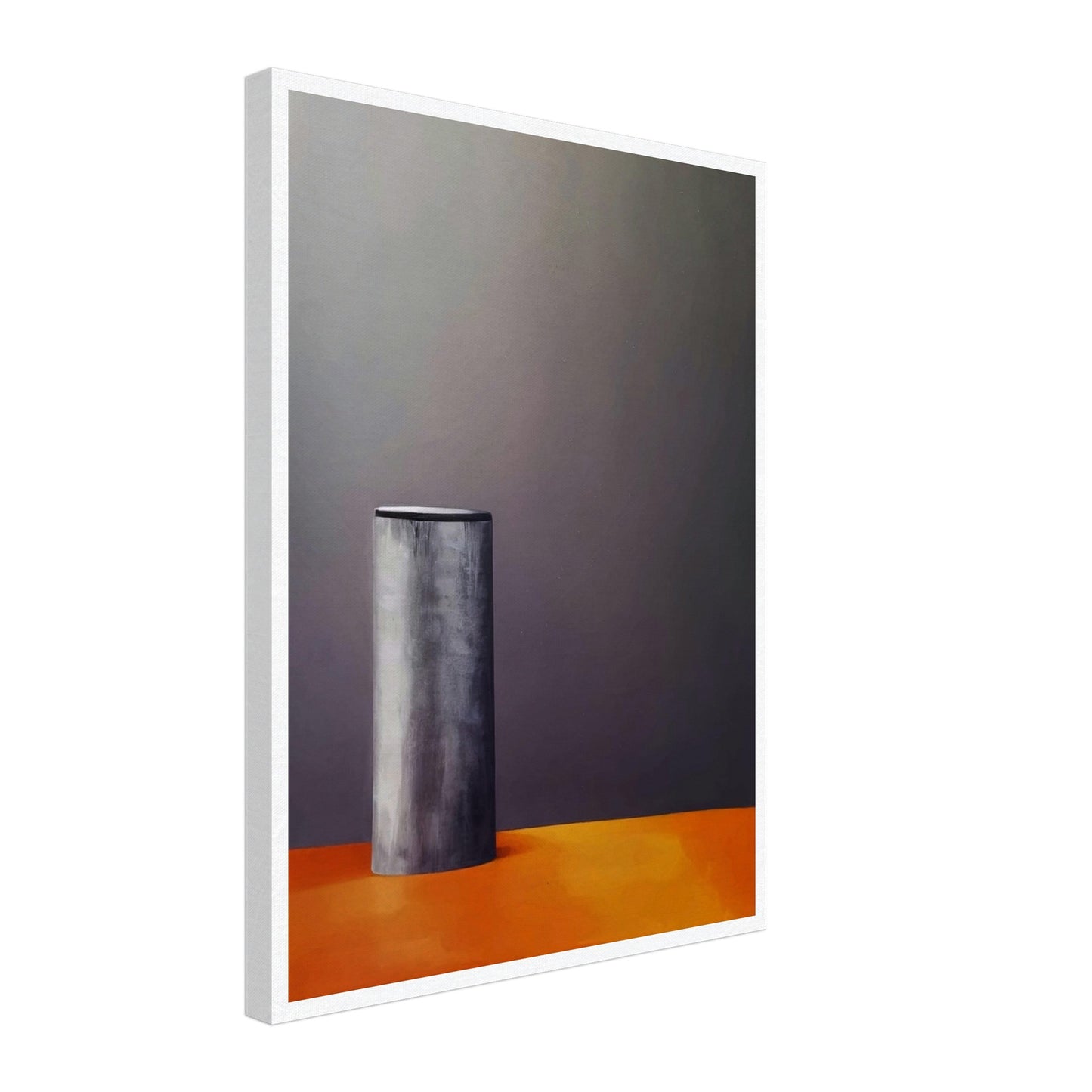 A minimalistic composition featuring a single cylindrical gray object standing on a warm orange surface against a dark, muted background, evoking stillness and simplicity.