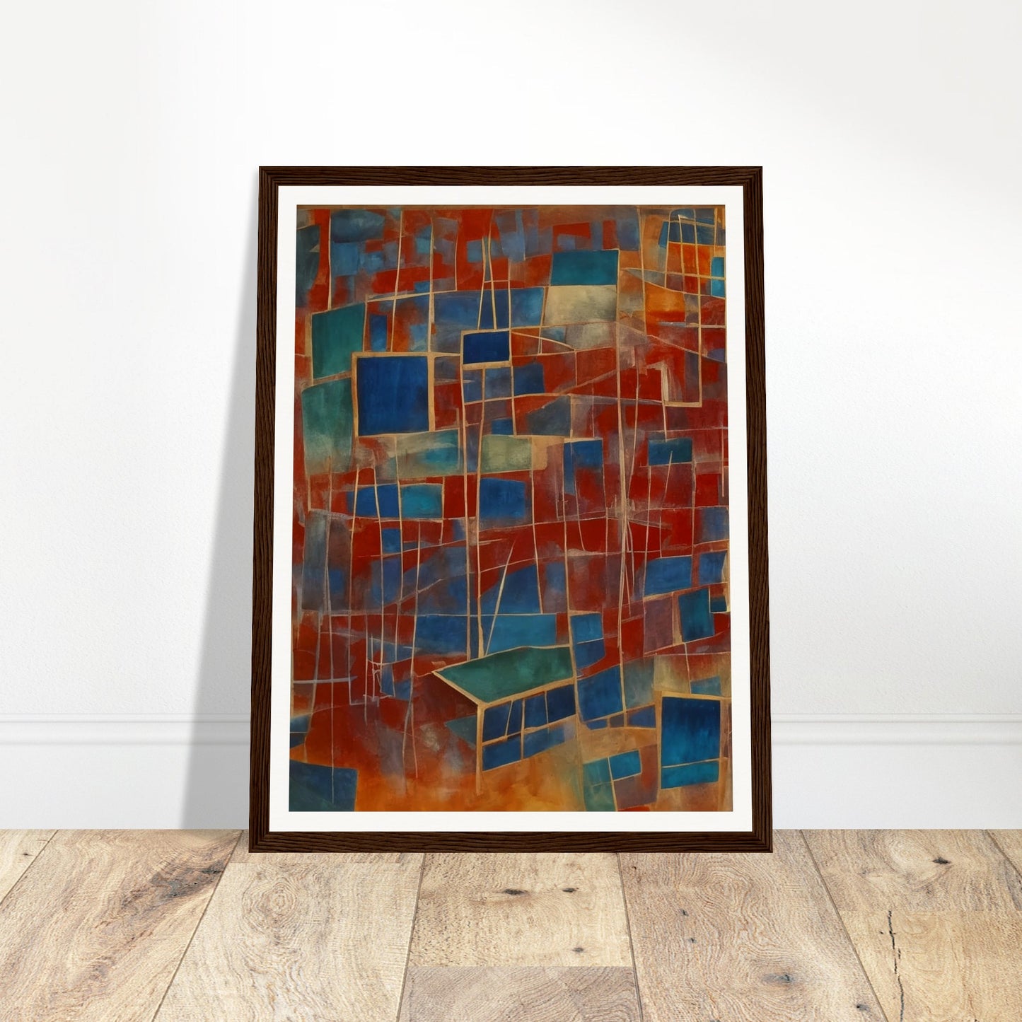A vibrant composition featuring a network of interconnected blue and red rectangles, creating a dynamic and fragmented visual experience.