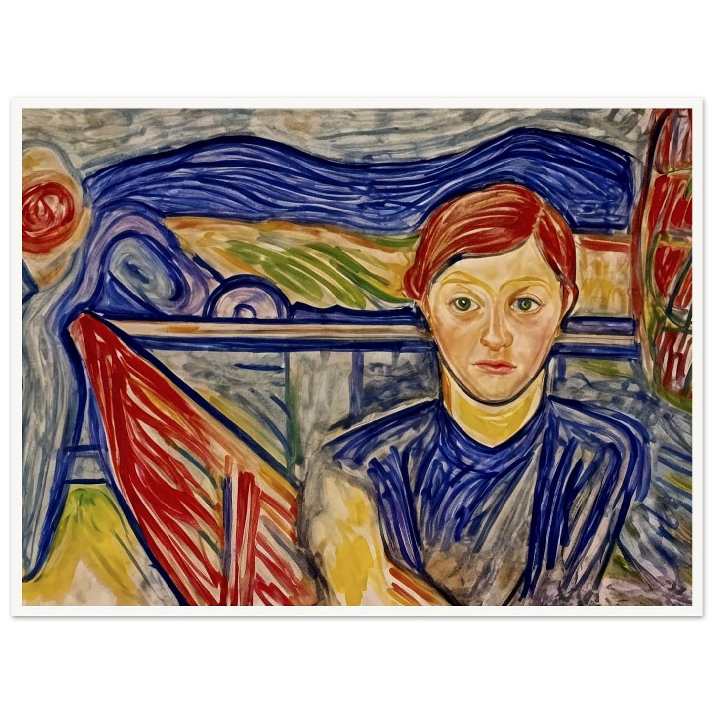 An expressive painting of a figure with red hair, seated against a vibrant background of swirling blue, red, and green brushstrokes, creating a sense of deep thought and inner reflection.