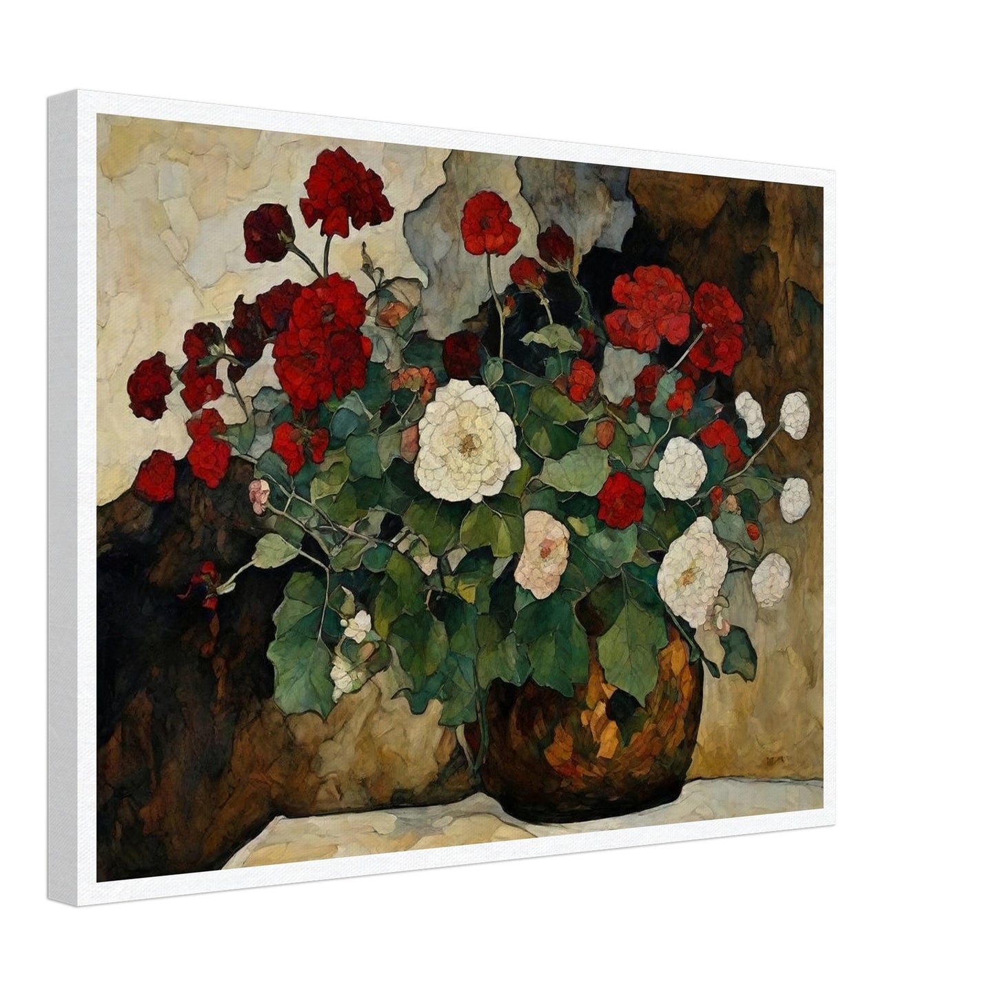 A detailed painting of a vase filled with red and white flowers, set against a textured background.