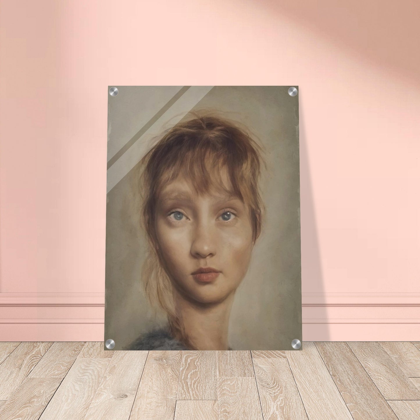 A realistic portrait of a young woman with soft features, pale blue eyes, and light brown hair, gazing forward with a serene expression in muted, natural tones.