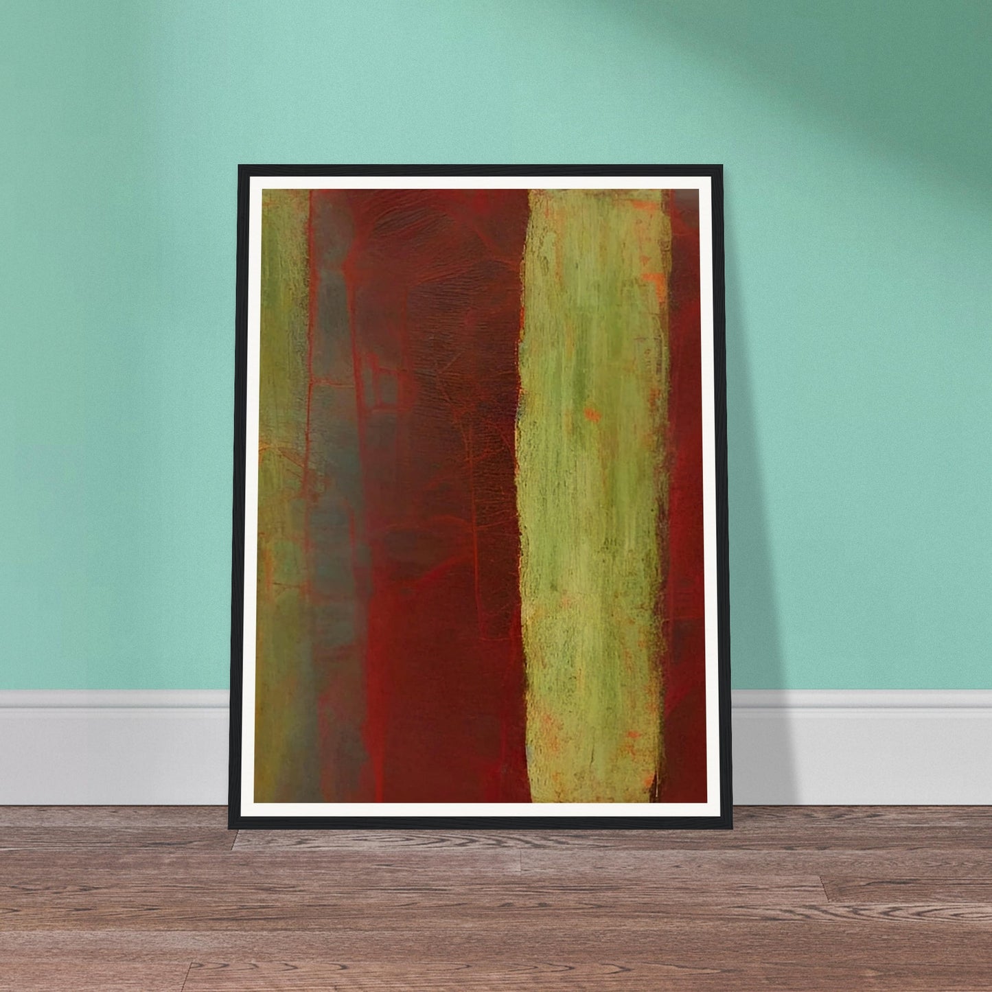 An abstract composition featuring deep red and earthy green vertical stripes with soft textures and layered shades, evoking a sense of natural decay and organic forms.