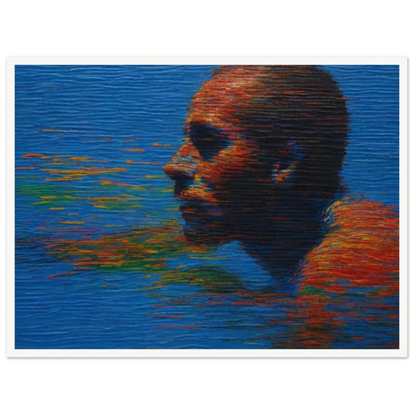 A striking painting of a person swimming in water, with vibrant reflections of colors on the surface, creating a sense of movement and depth.