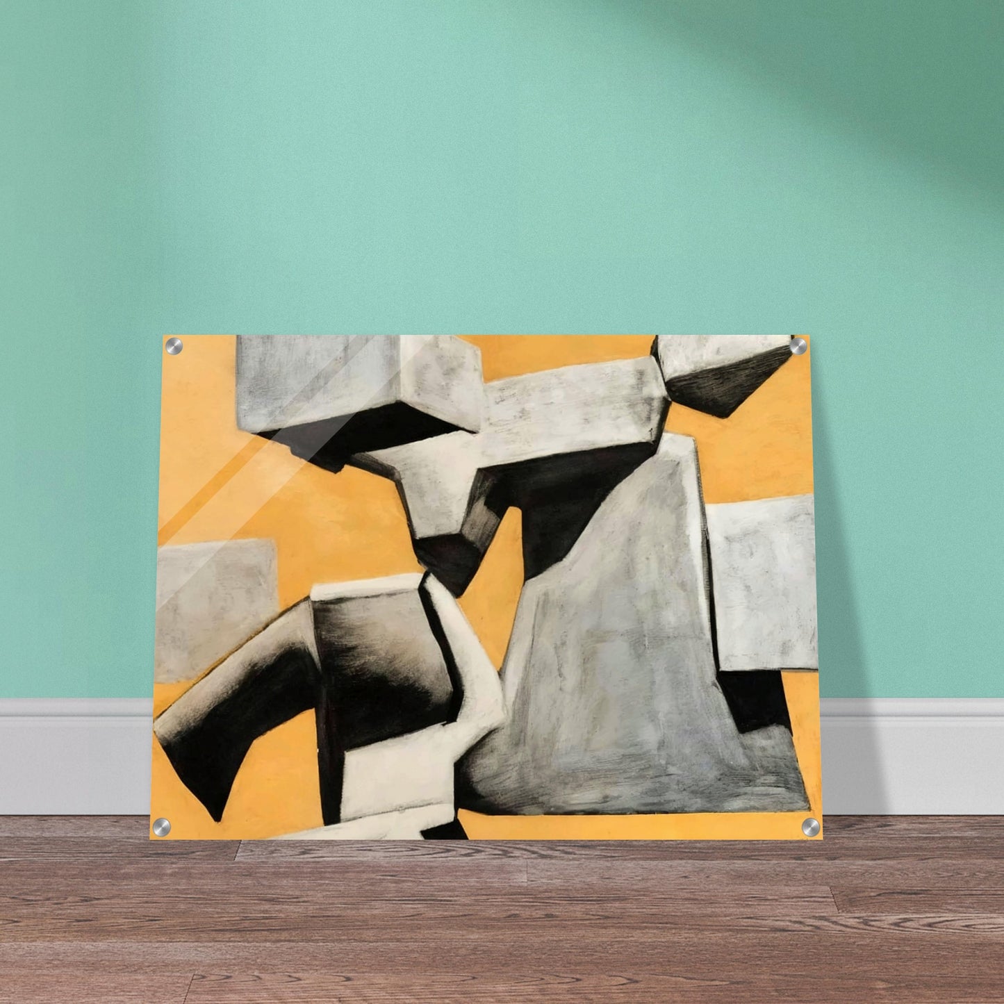 An abstract composition of floating and intersecting gray geometric shapes, set against a warm, textured orange background, creating a sense of movement and contrast.