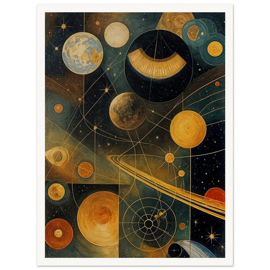 A celestial map featuring planets, stars, and cosmic structures in a vivid, artistic representation of the universe's grand design.